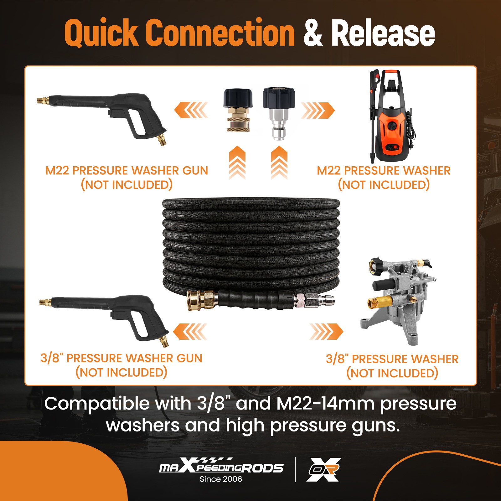50 Feet Power Washing Hose 4200PSI Steel Wire Braid w/ M22 to 3/8″ Coupler