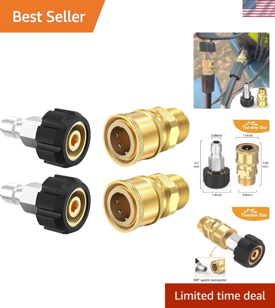 4-Piece Brass Pressure Washer Quick Connect Fittings M22 14mm to 3/8 Inch
