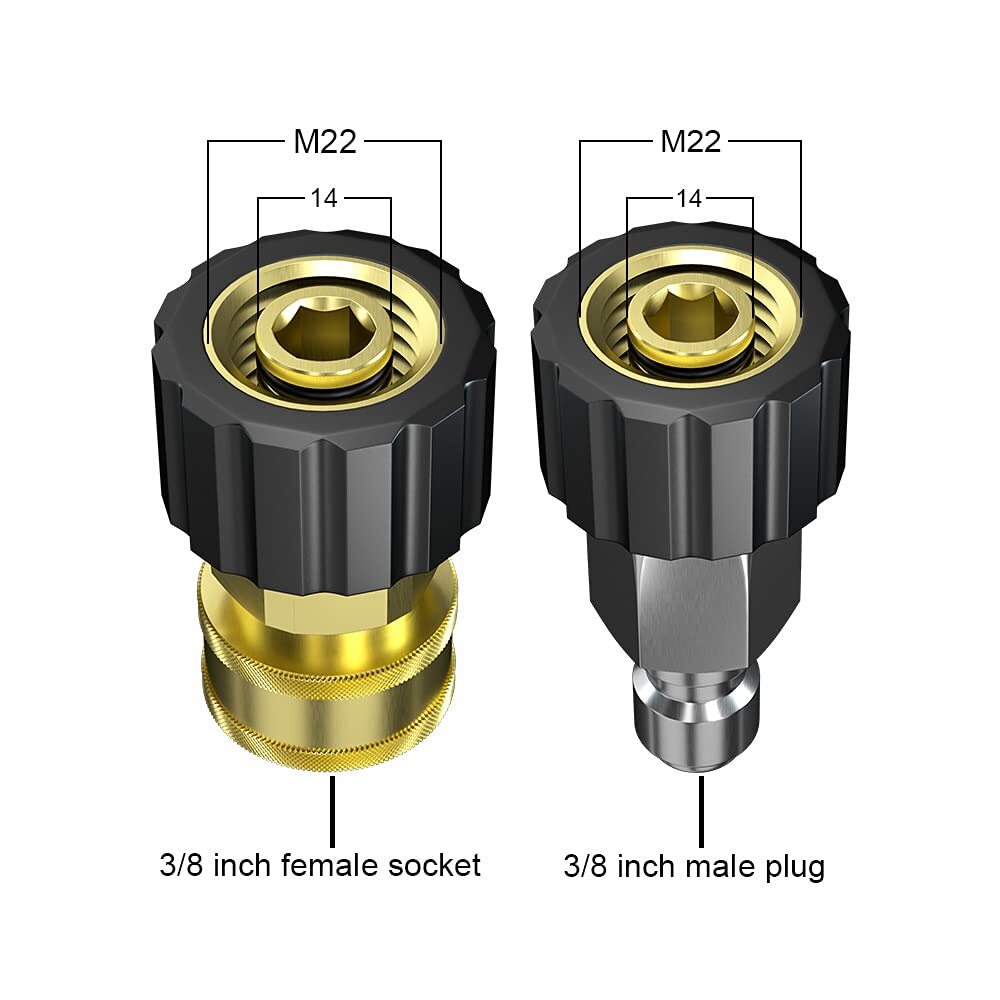 Pressure Washer Adapter Set Quick Connect Kitm22 14mm X 3/8″ Male Plug Female So
