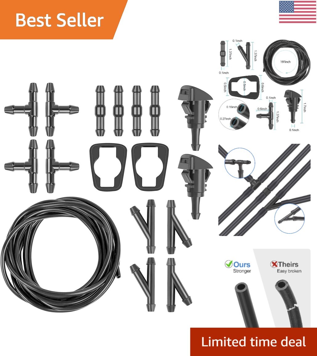 5M Windshield Washer Hose Kit with 12 Connectors, 2 Fan Nozzles & 2 Rubber Ga…