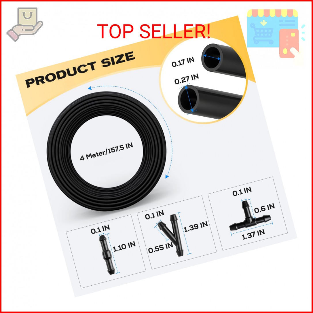 Windshield Washer Hose Kit, 4M Flexible Durable Rubber Washer Fluid Tubing & 30