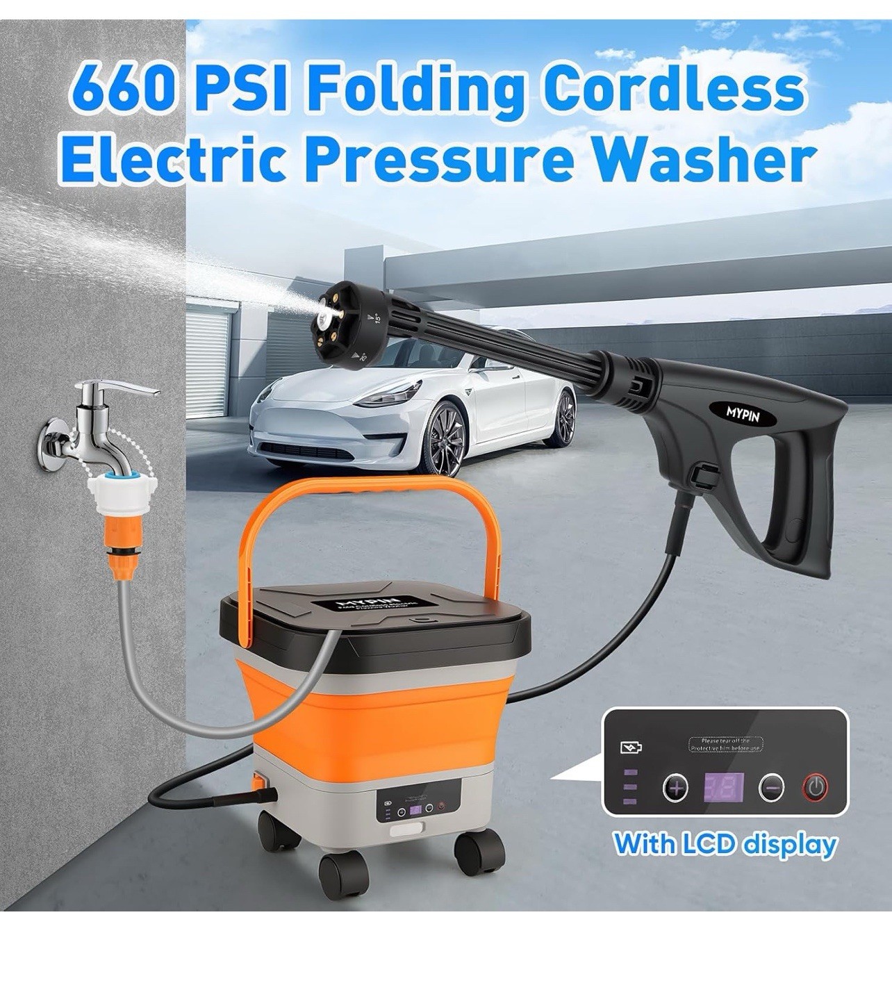 660PSI Portable Cordless Pressure Washer with Folding 3.4Gal Tank, 6-in-1 Noz…