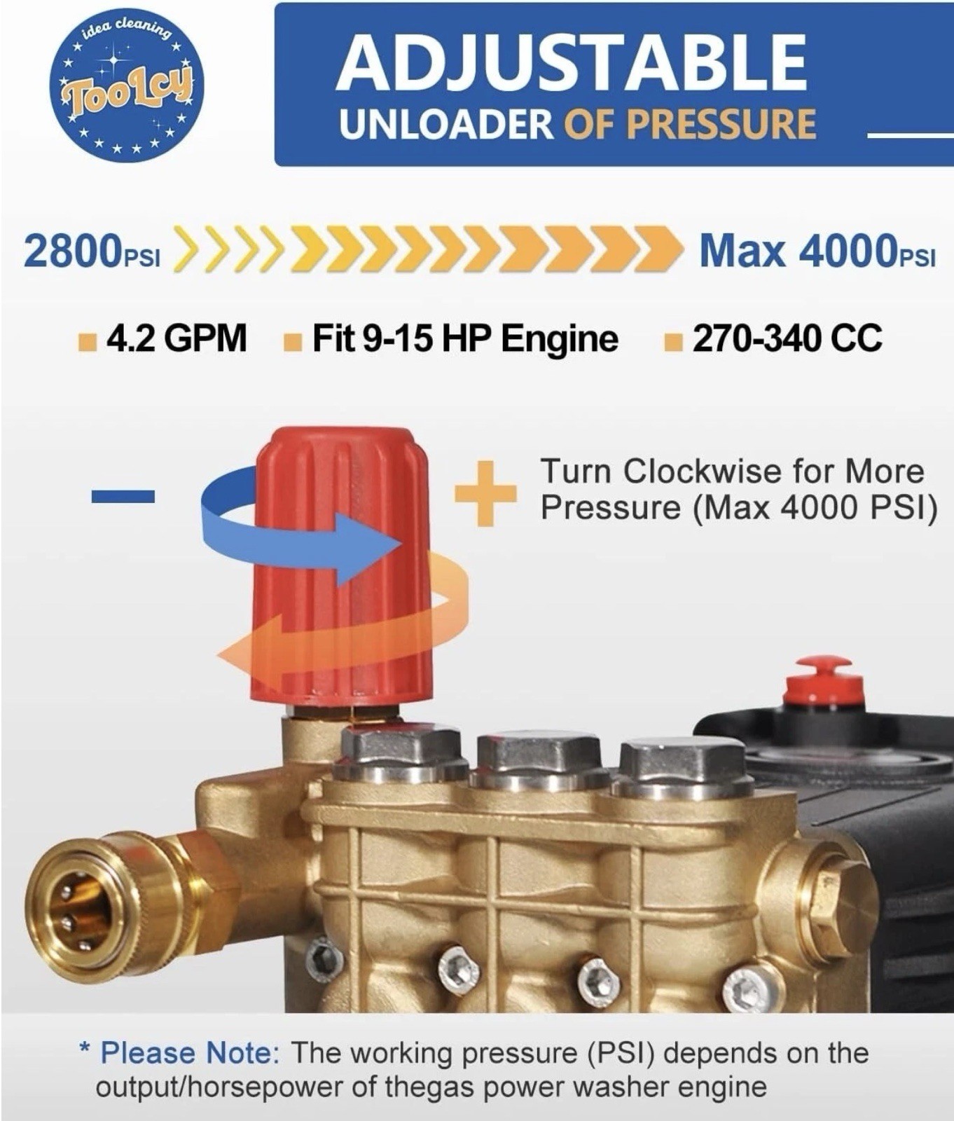 TOOLCY 4000 PSI Triplex Pressure Washer Pump 1″ Shaft Horizontal Plunger 4.2 GPM