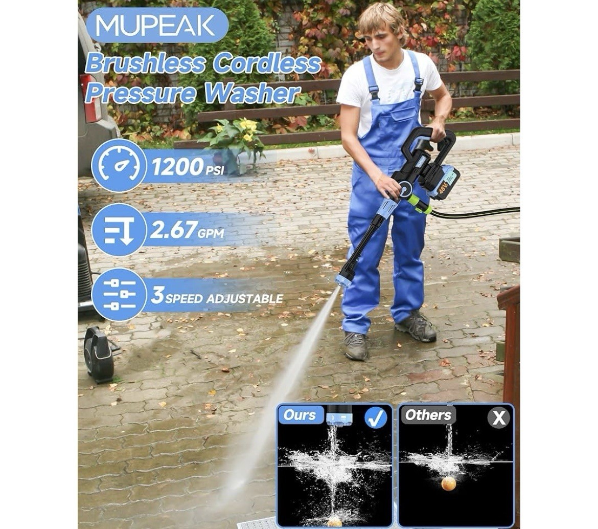 Brushless Cordless Pressure Washer 1200 PSI Portable Washing Machine with 2 Ah