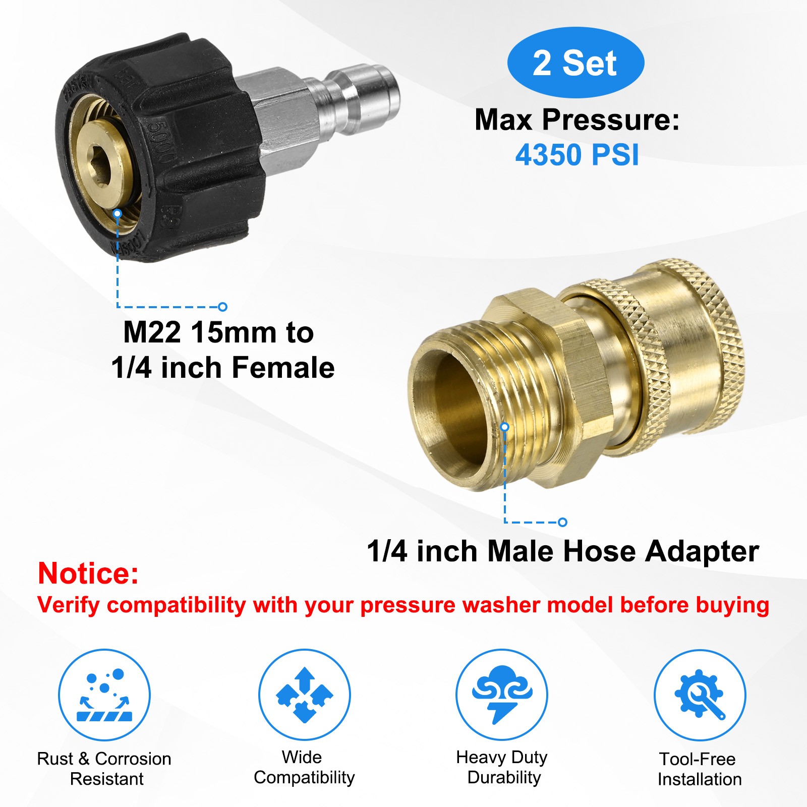 2-Set M22 15mm to 1/4 Inch Female & Male Pressure Washer Quick Connect Fittings
