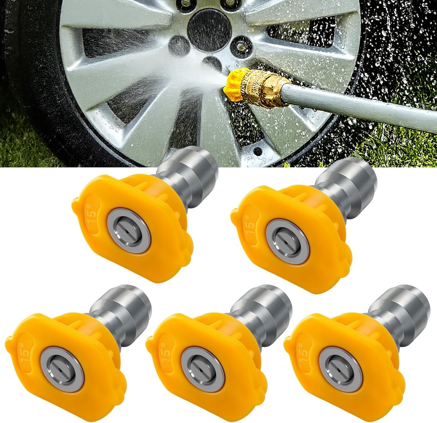 Pressure Washer Nozzle Tip 1/4″ 15 Degree Yellow Stainless Steel Pack of 5