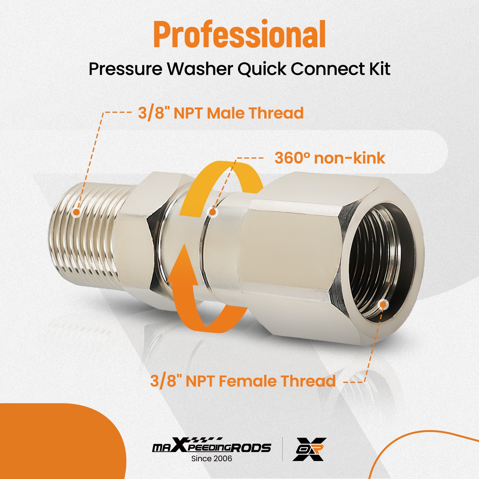 2x 3/8″ NPT 360° Swivel Adapter Stainless Steel for Pressure Washer Hose Gun