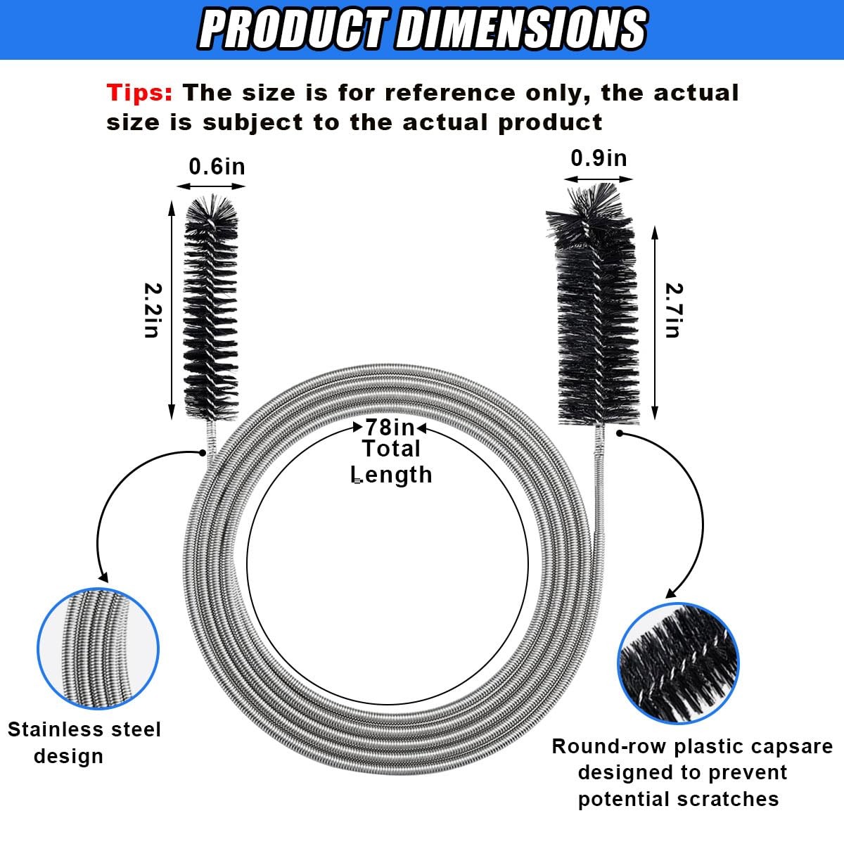 DUSCOKE 78 Inch Flexible Long Drain Brush, Nylon Stainless 78.74 inch, Black