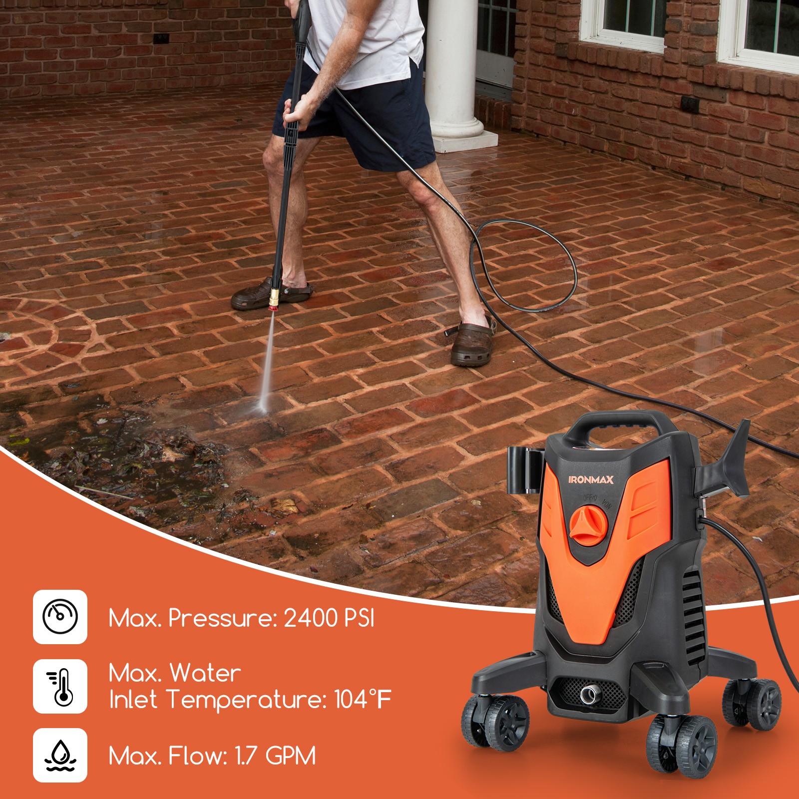 2400 PSI High Pressure Cleaner Machine Electric Pressure Washer w/4 Wheels