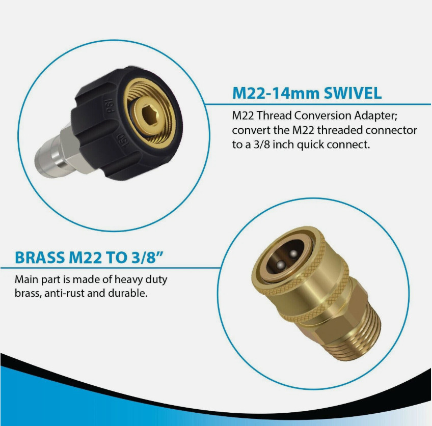 Pressure Washer Adapter Set, M22 (M22-14MM) to 3/8” Quick Connect (2 Pack)