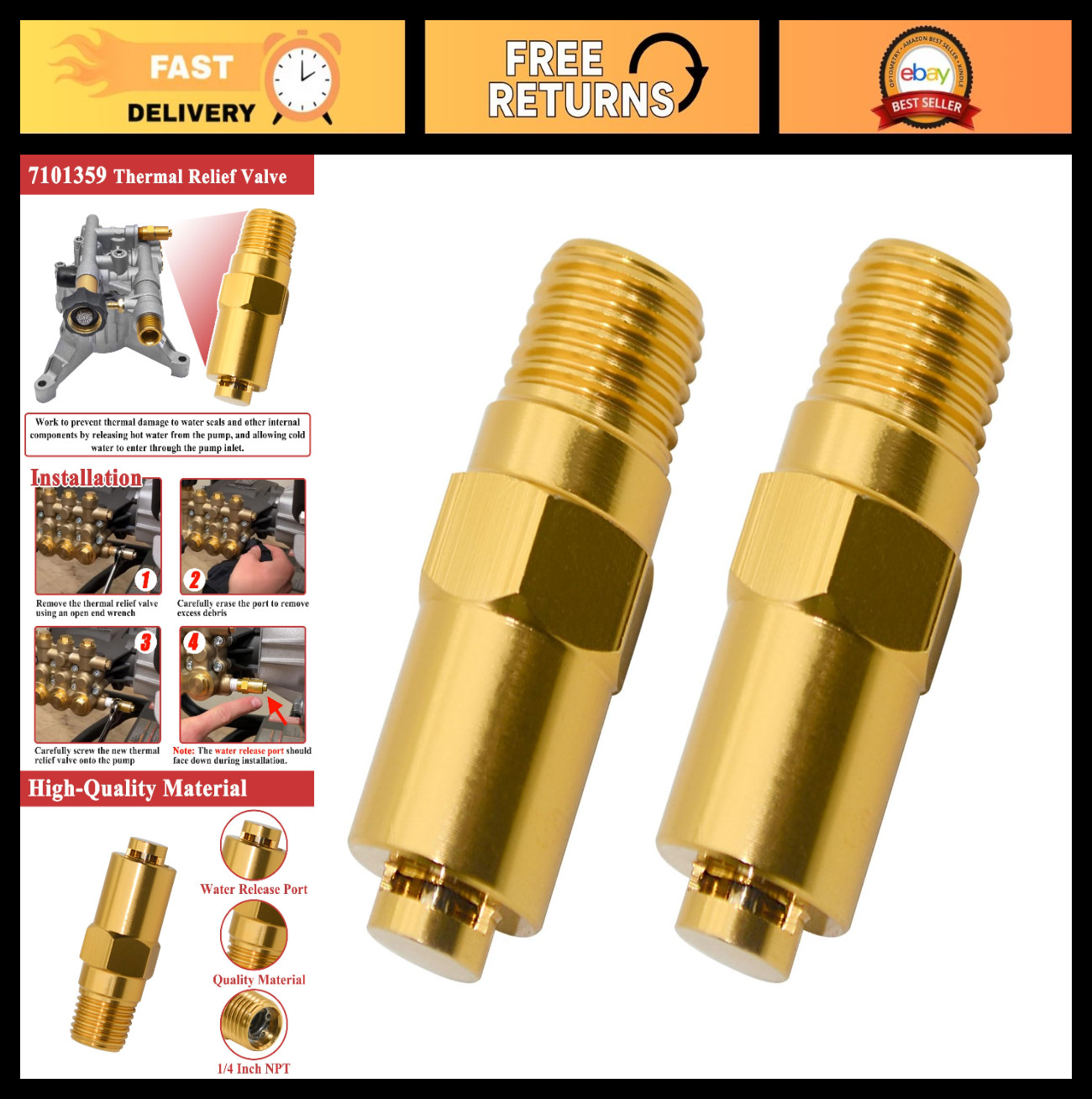 2Pcs Thermal Relief Valve for Gas Pressure Washer Pumps, 1/4 Inch NPT Fitting