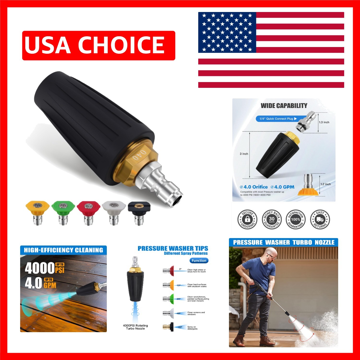 Efficient Pressure Washer Spray Nozzle Set – 4000 PSI, Quick Connect, 5 Tips