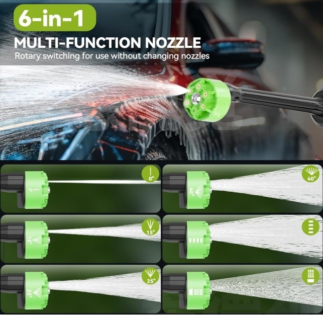 Cordless Car Washer, Lightweight Portable Cleaning Tool with 6-In-1 Nozzle, Batt