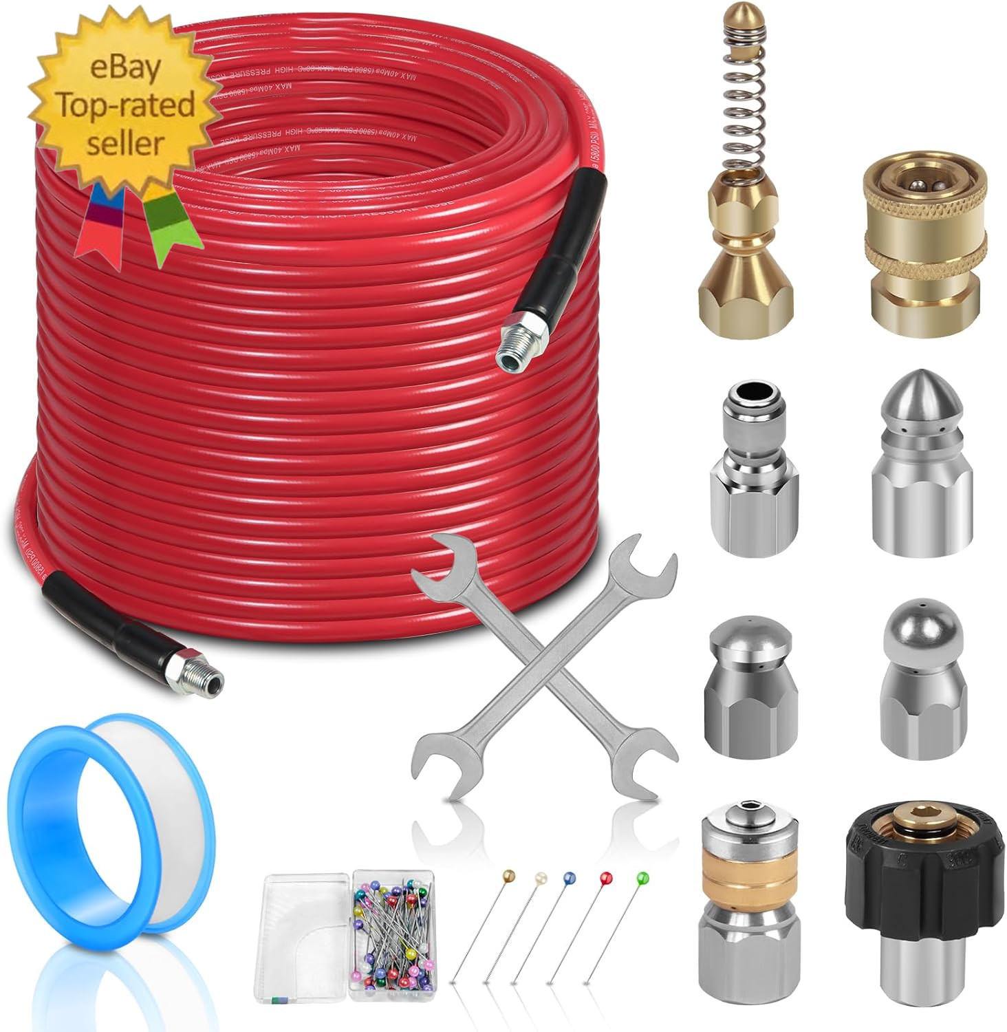 100FT Sewer Jetter Kit for Pressure Washer, 1/4”NPT Drain Cleaner Hose 5800PSI,