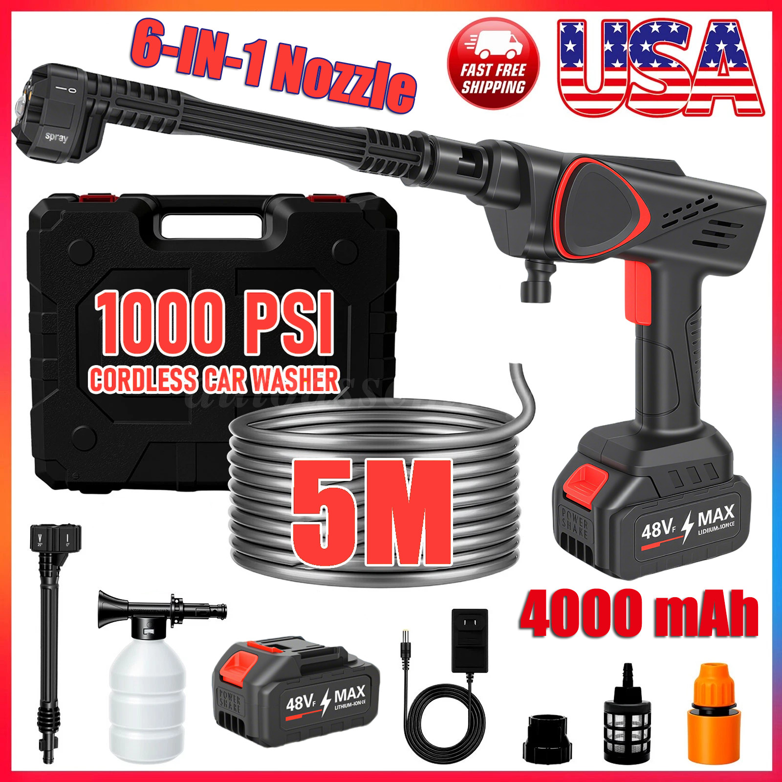 1000PSI Cordless Electric High Pressure Water Spray Car Gun Portable Washer Gun