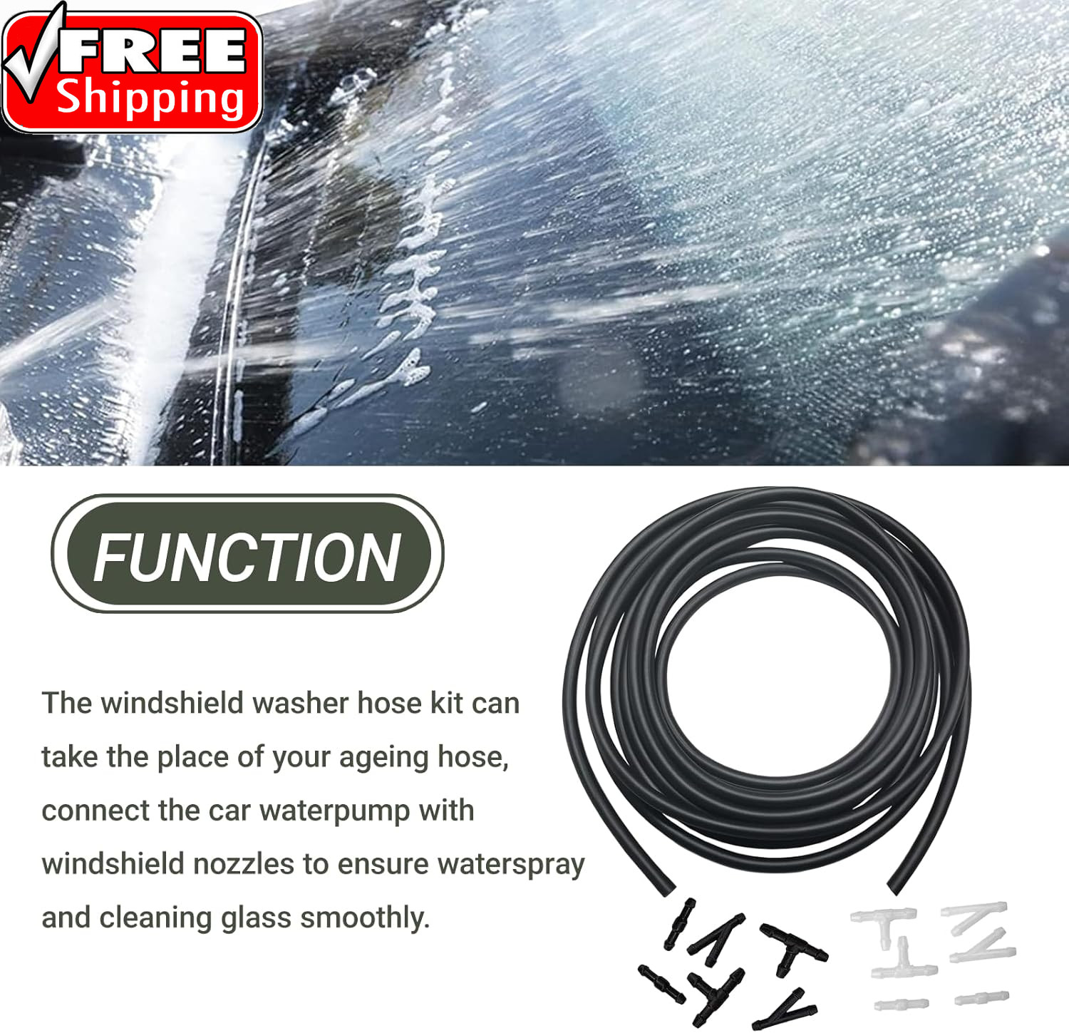 Windshield Washer Hose Kit, 5M Washer Fluid Hose with 12 Pcs Connectors, 2 Fan N