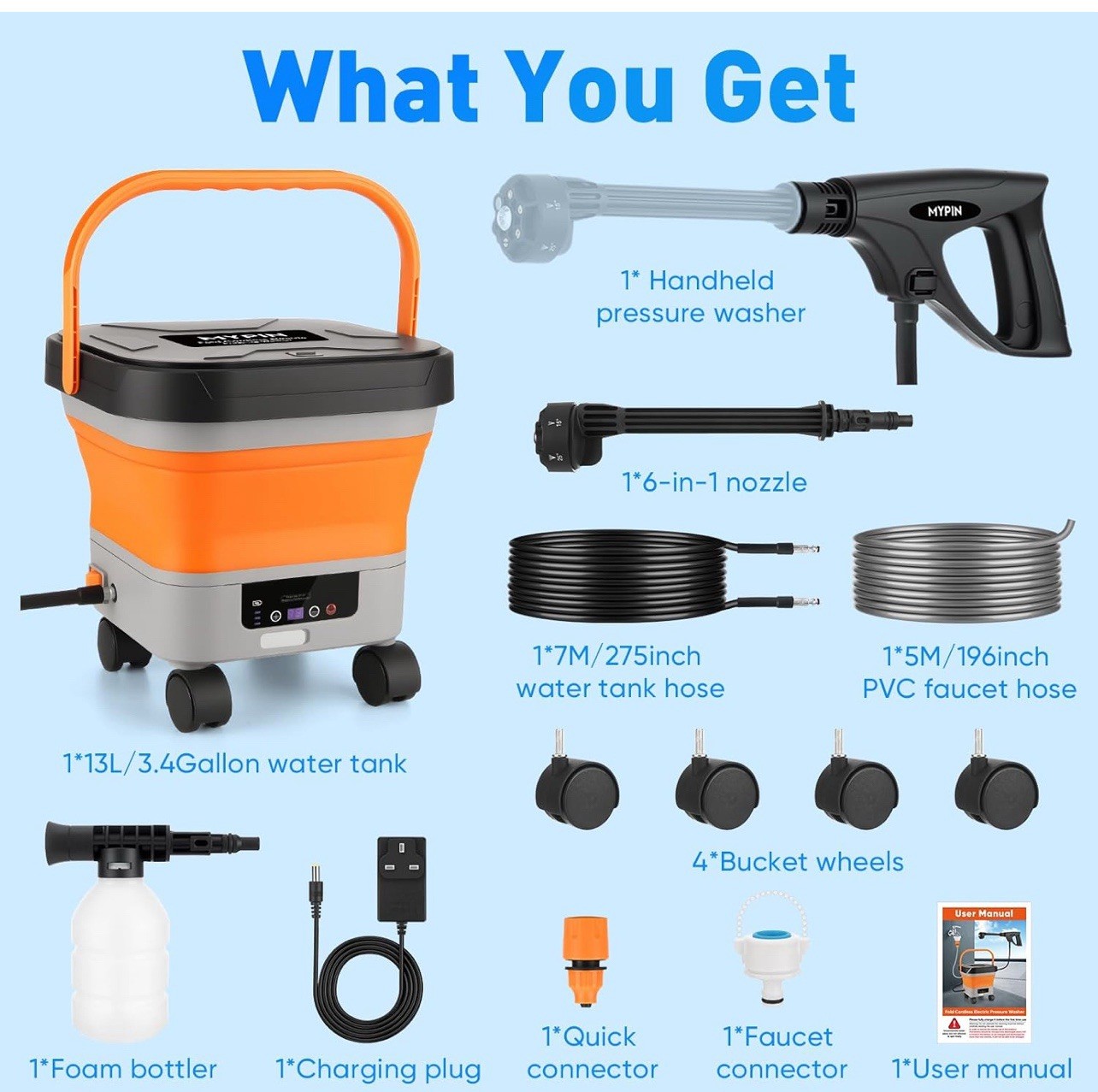 660PSI Portable Cordless Pressure Washer with Folding 3.4Gal Tank, 6-in-1 Noz…