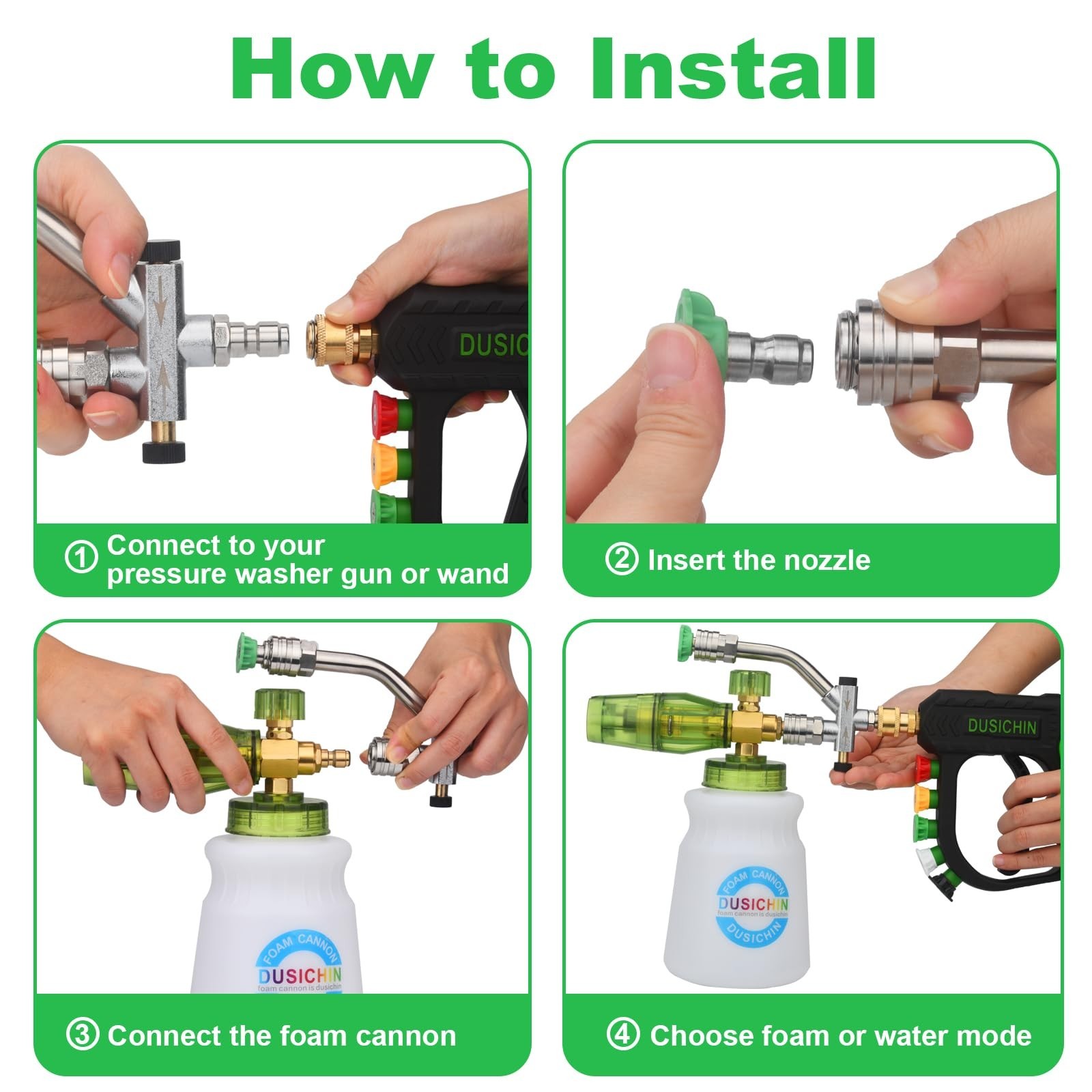 Foam Cannon Pressure Washer Gun Kit – Dual Connector, 5 Nozzle Tips, 1/4″ Quick