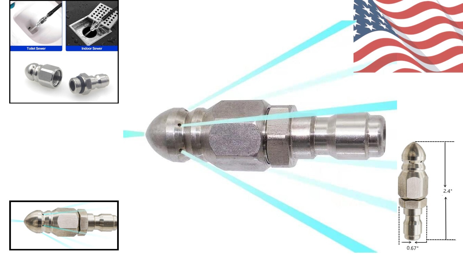 Compact Pressure Washer Sewer Jetter Nozzle with 1/4” Plug – 5000 PSI Strength