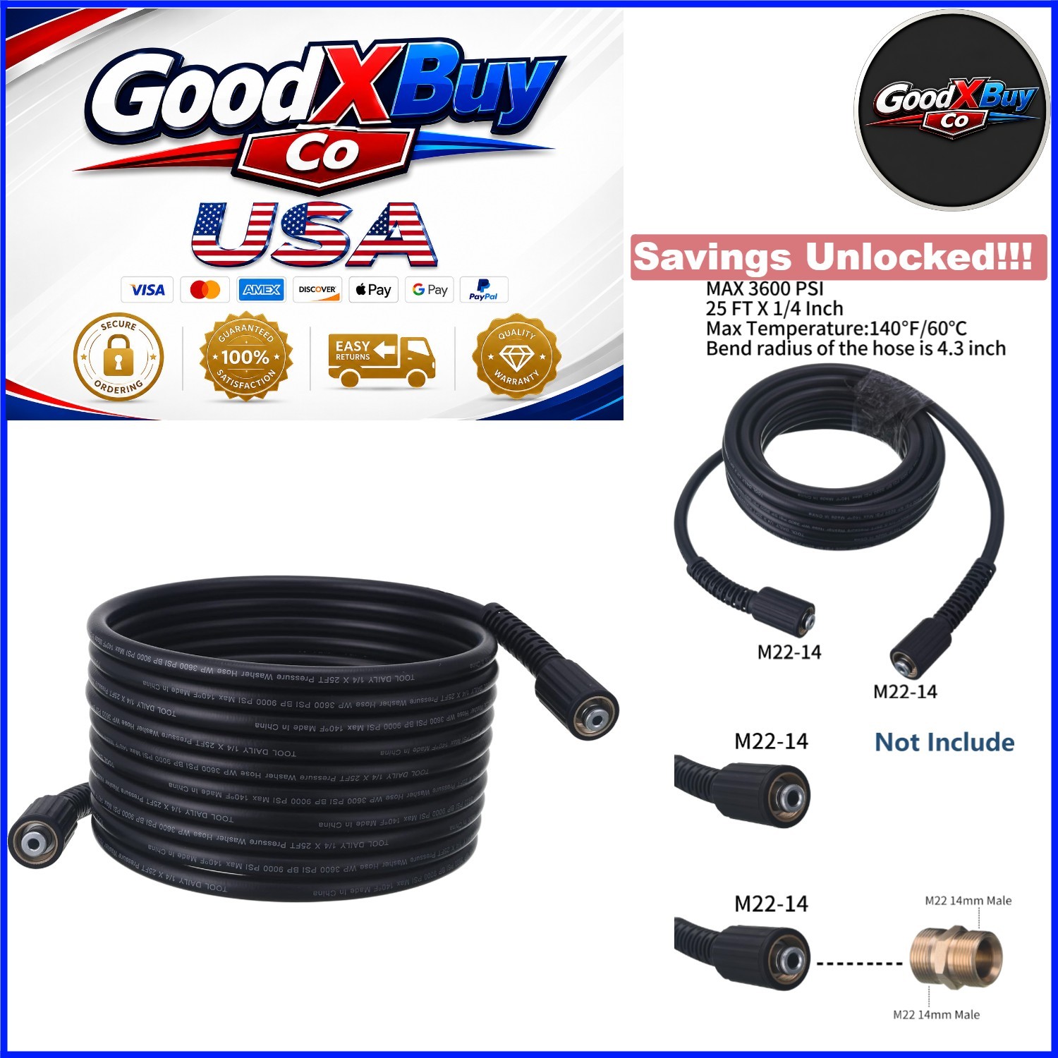 25ft Pressure Washer Hose 3600 PSI M22 14mm Replacement for Most Brands
