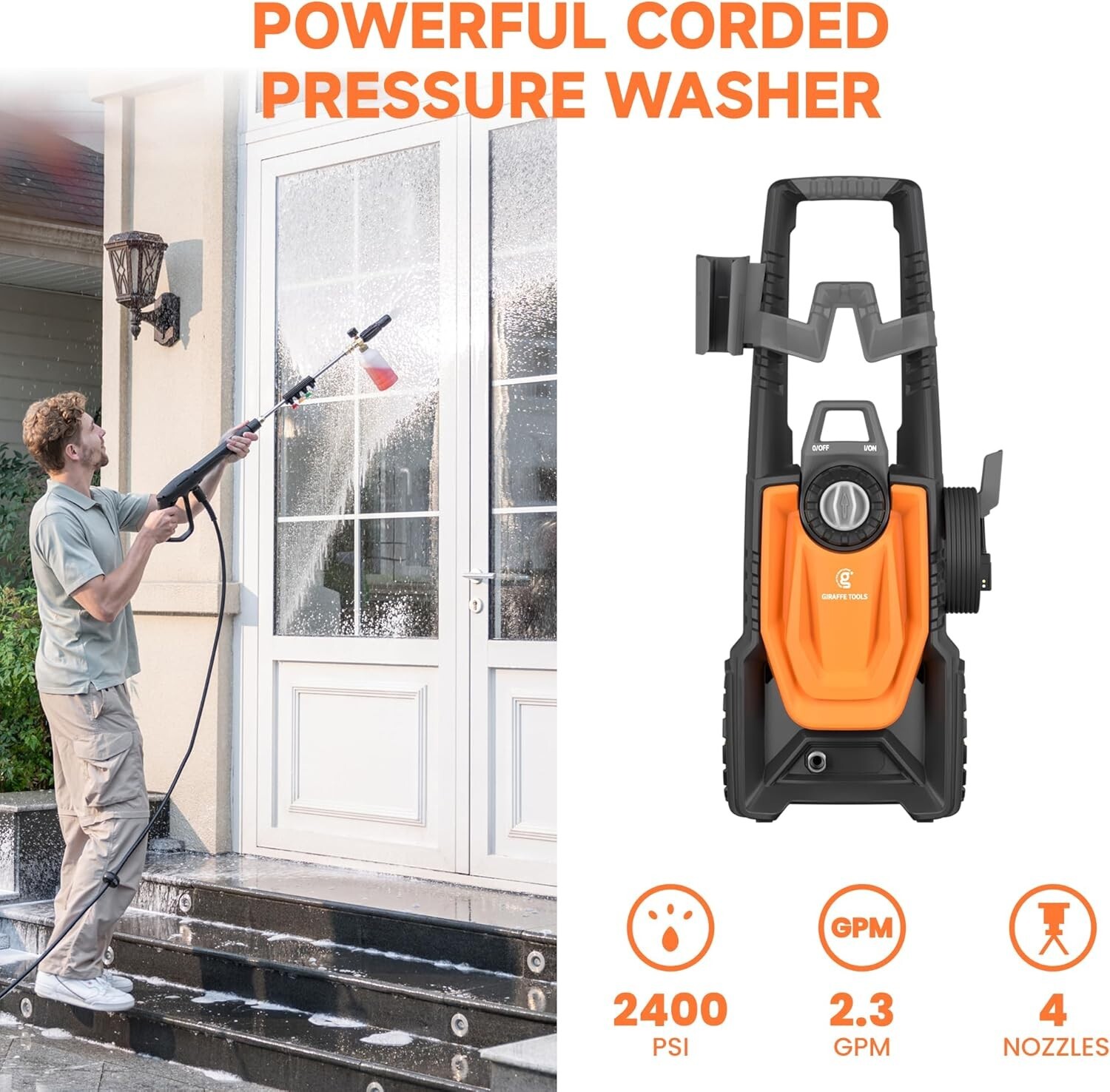 Giraffe Tools 1800W Electric Pressure Washer Max 2400 PSI 2.3 GPM, 20+32FT