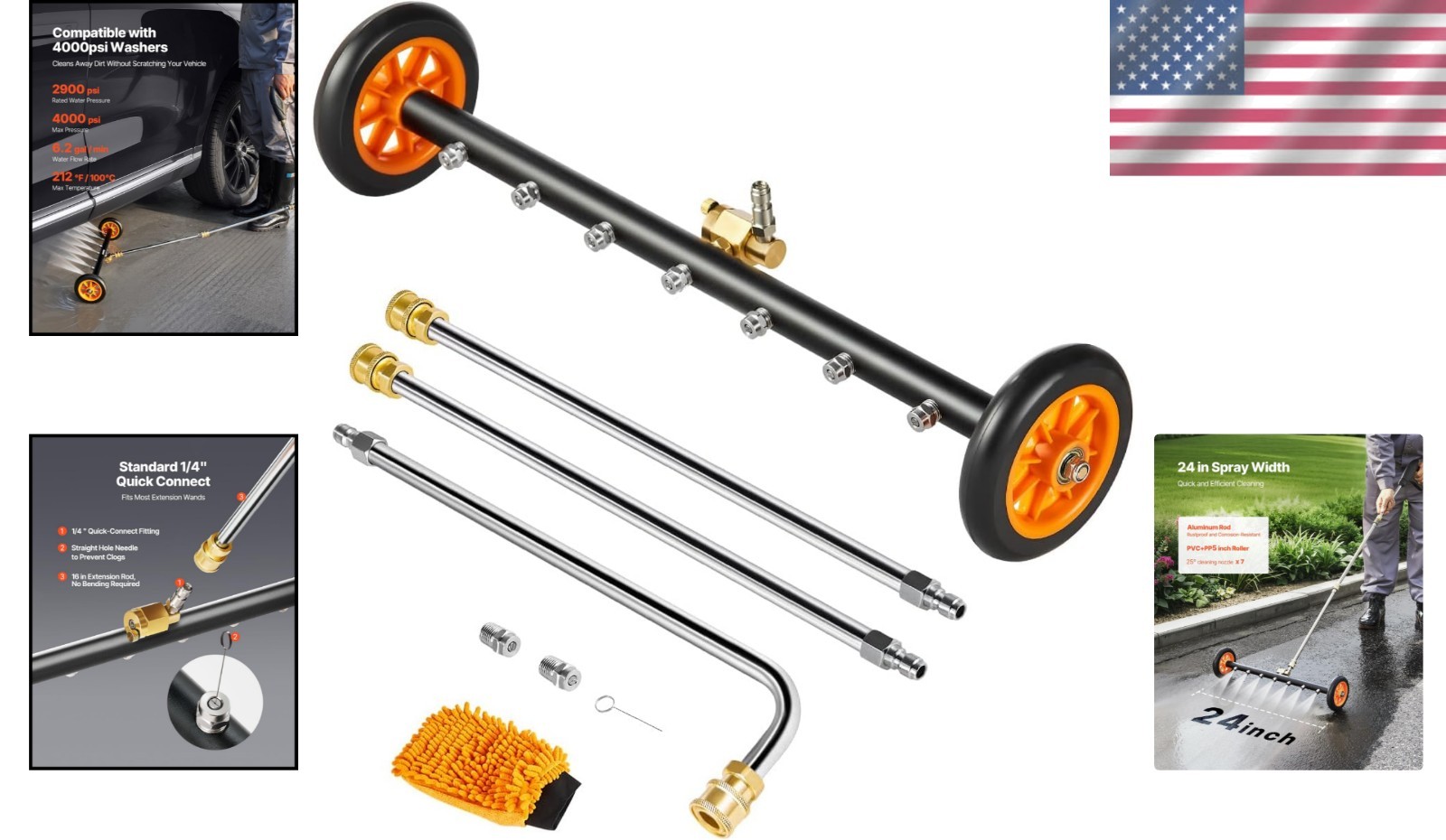 24-Inch Stainless Steel Pressure Washer Undercarriage Cleaner – 4000 PSI, 7 N…