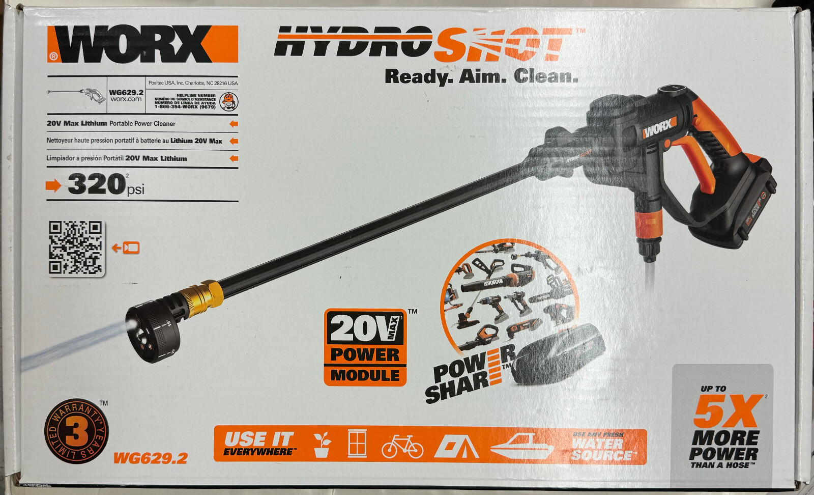 Worx “HydroShot” 20V Max Lithium Portable Power Cleaner 320psi (WG629.2)