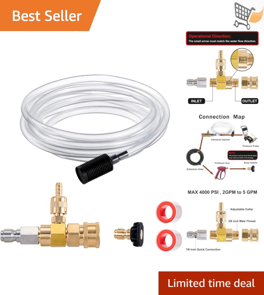 Pressure Washer Chemical Injector Kit Brass Stainless Steel 3/8 Inch 4000 PSI
