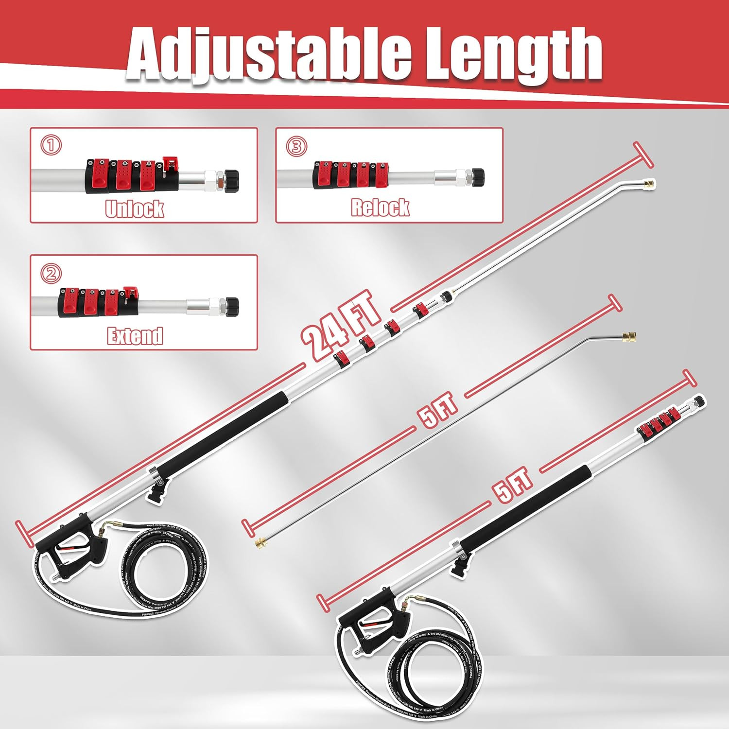 24 FT Pressure Washer Telescoping Wand, Telescopic Spray Power Washer Extension