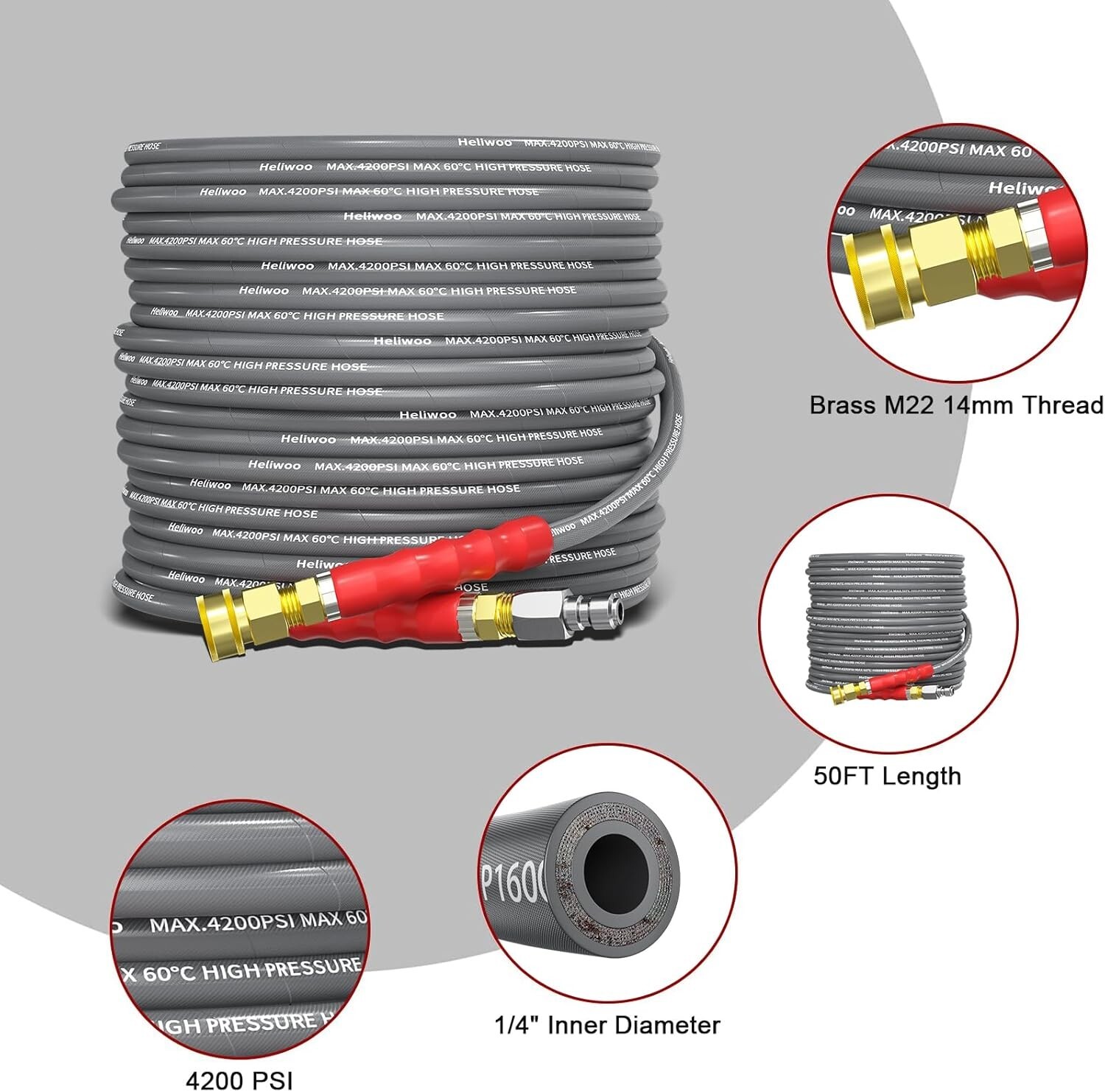 Heliwoo 50FT 1/4″ Pressure Washer Hose 4200PSI Flexible Wire Power Washer Hose