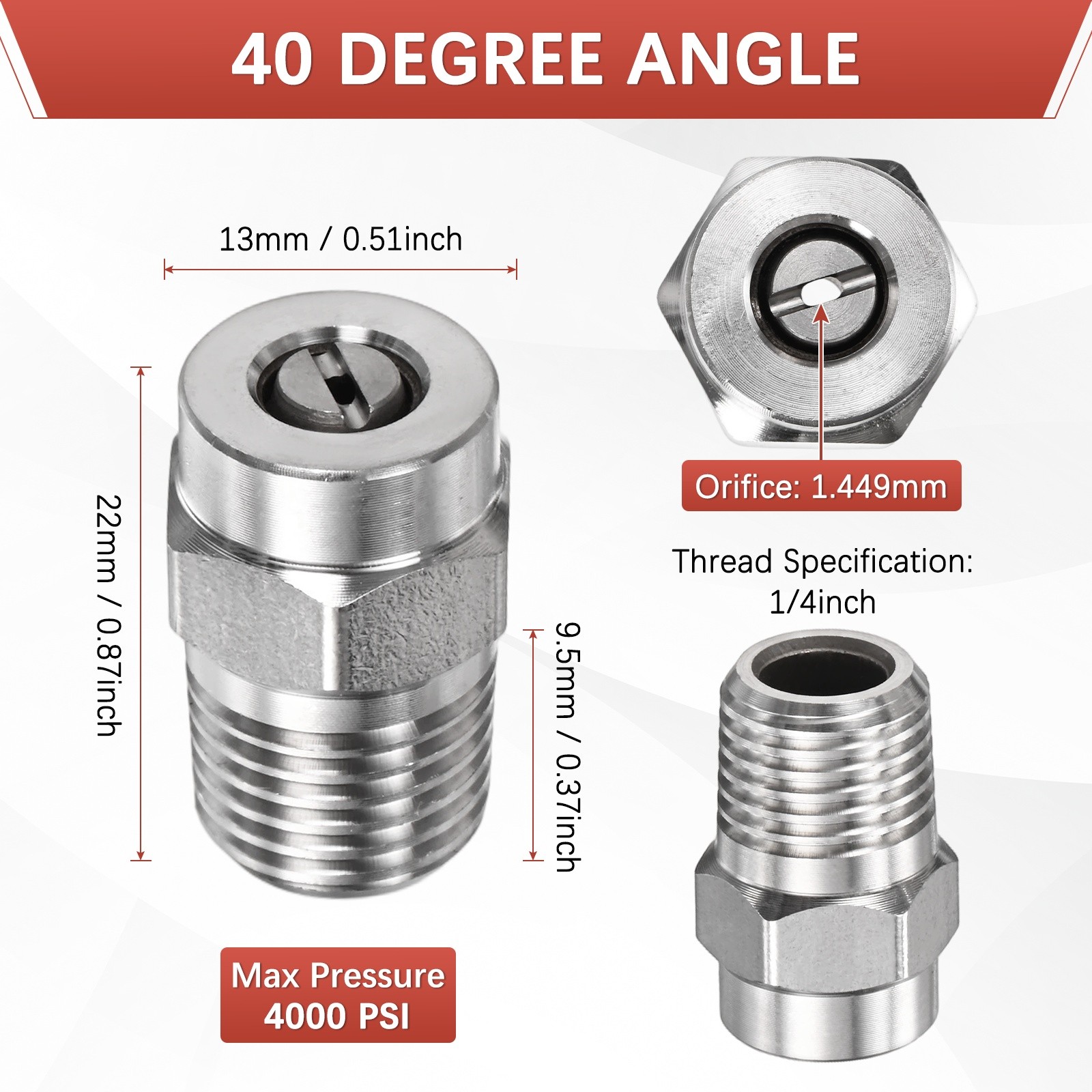 1/4″ NPT 40° Surface Cleaner Tip [4PCS] – Pressure Washer Nozzles [1.449MM Pore]