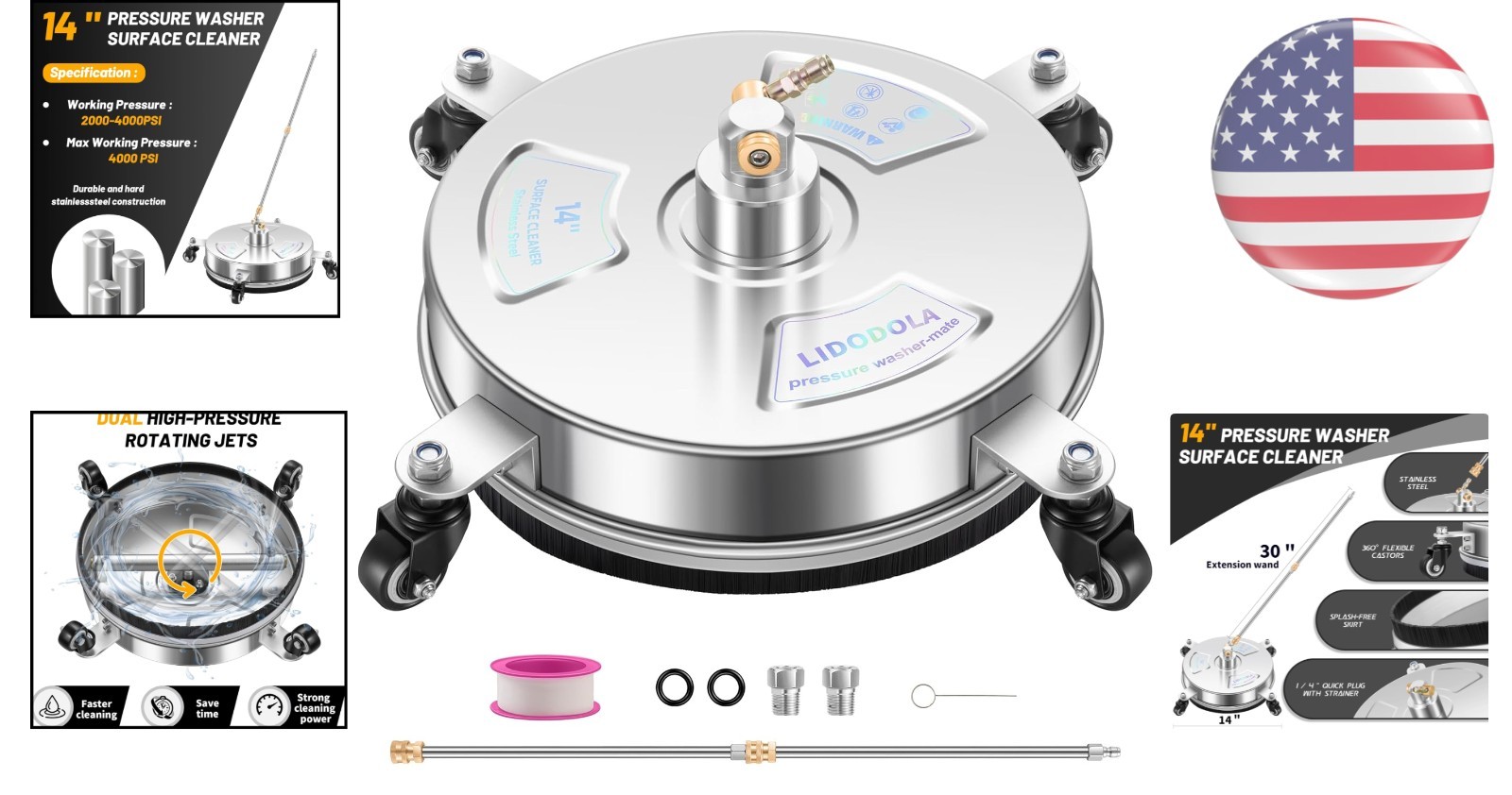 14″ Stainless Steel Surface Cleaner for Patios, Driveways & Sidewalks