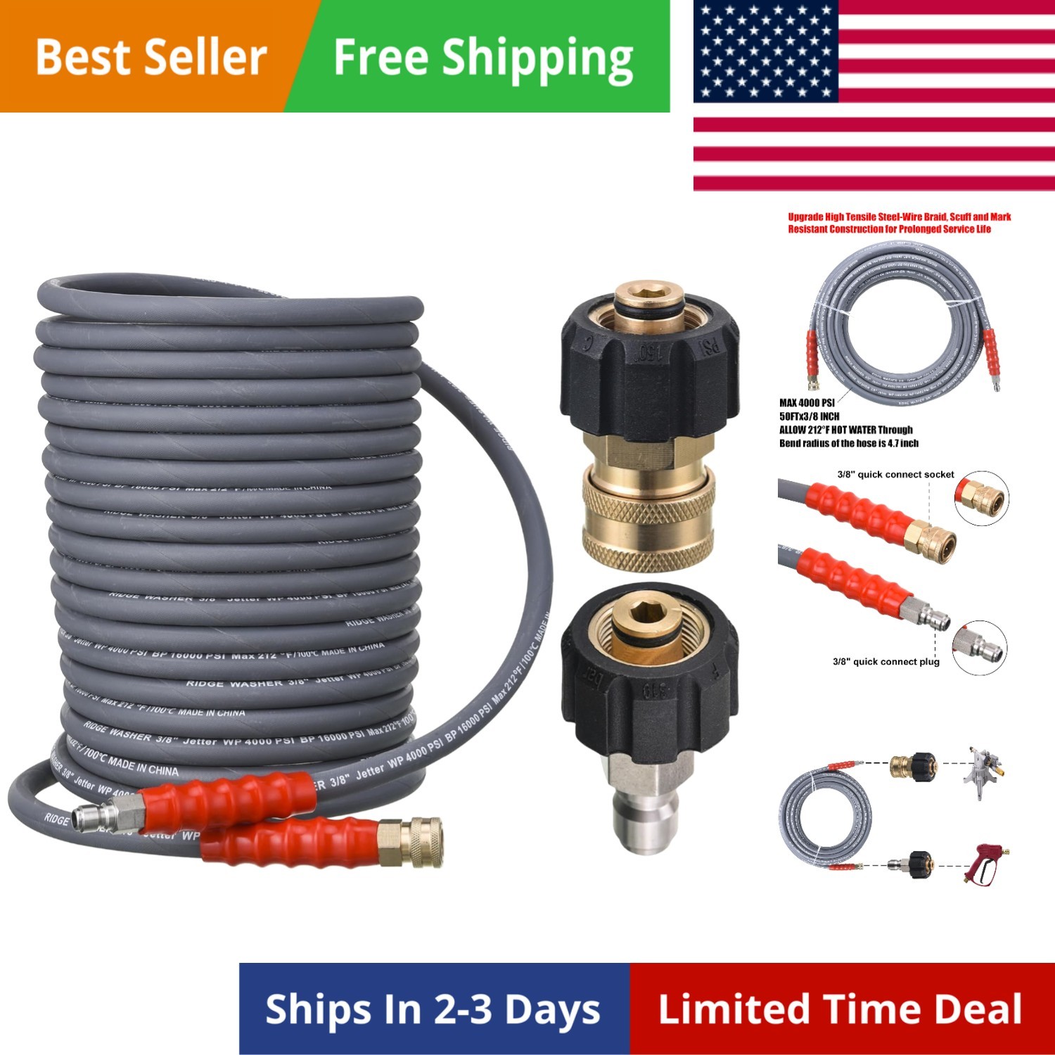 Pressure Washer Hose 50 Feet X 3/8 Inch for Hot and Cold Water, with M22 14 m…
