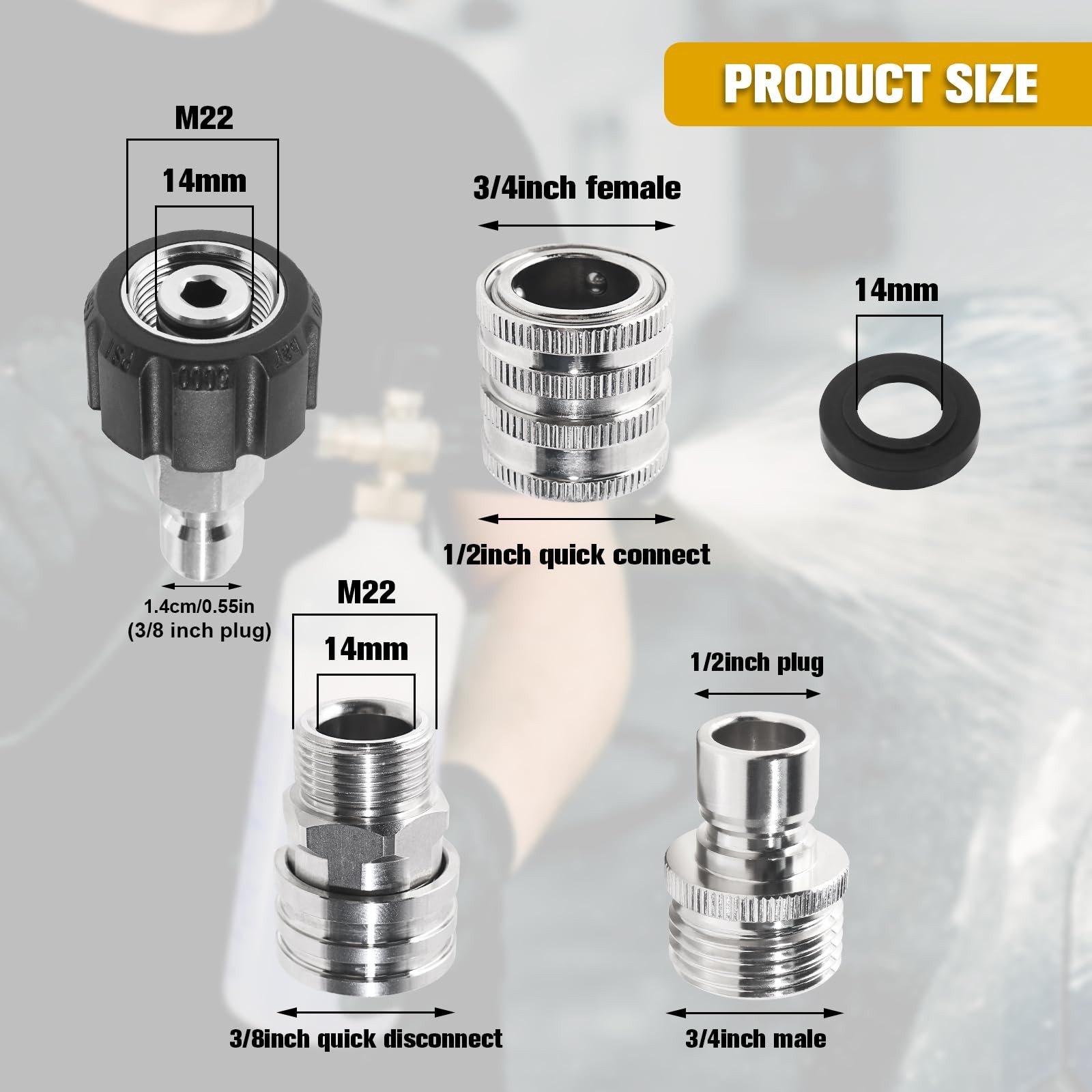 8 PCS Pressure Washer Adapter Set Stainless Steel M22 14mm Swivel To 3/8