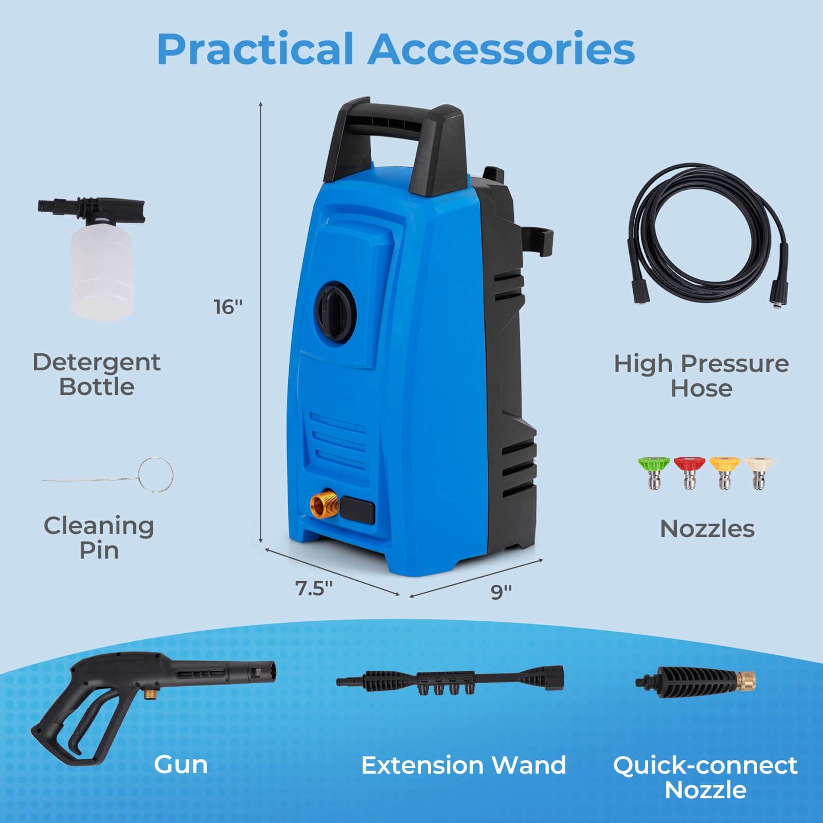 Electric Pressure Washer w/ Wheels 5 Quick Connect Nozzles Soap Bottle spray gun