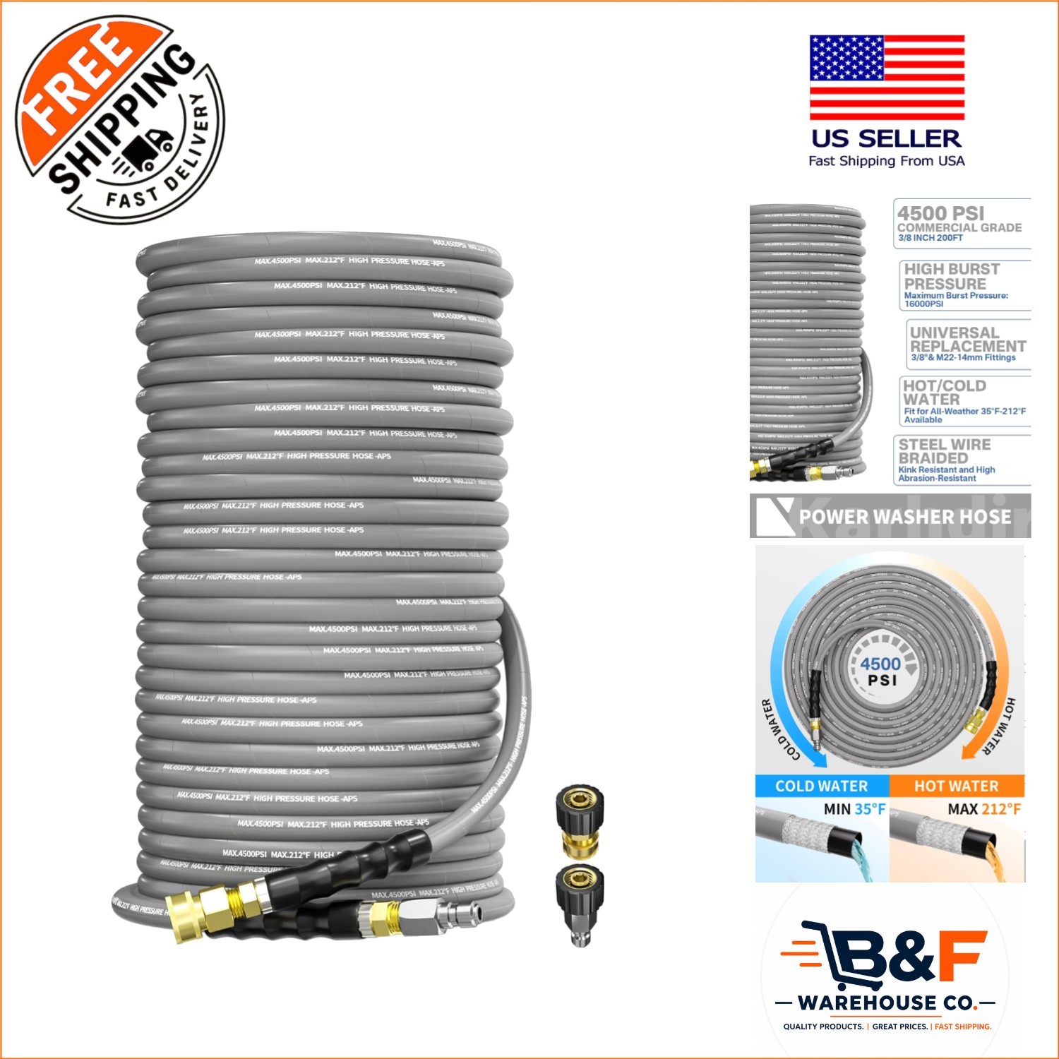 200FT Kink-Resistant Pressure Washer Hose 3/8