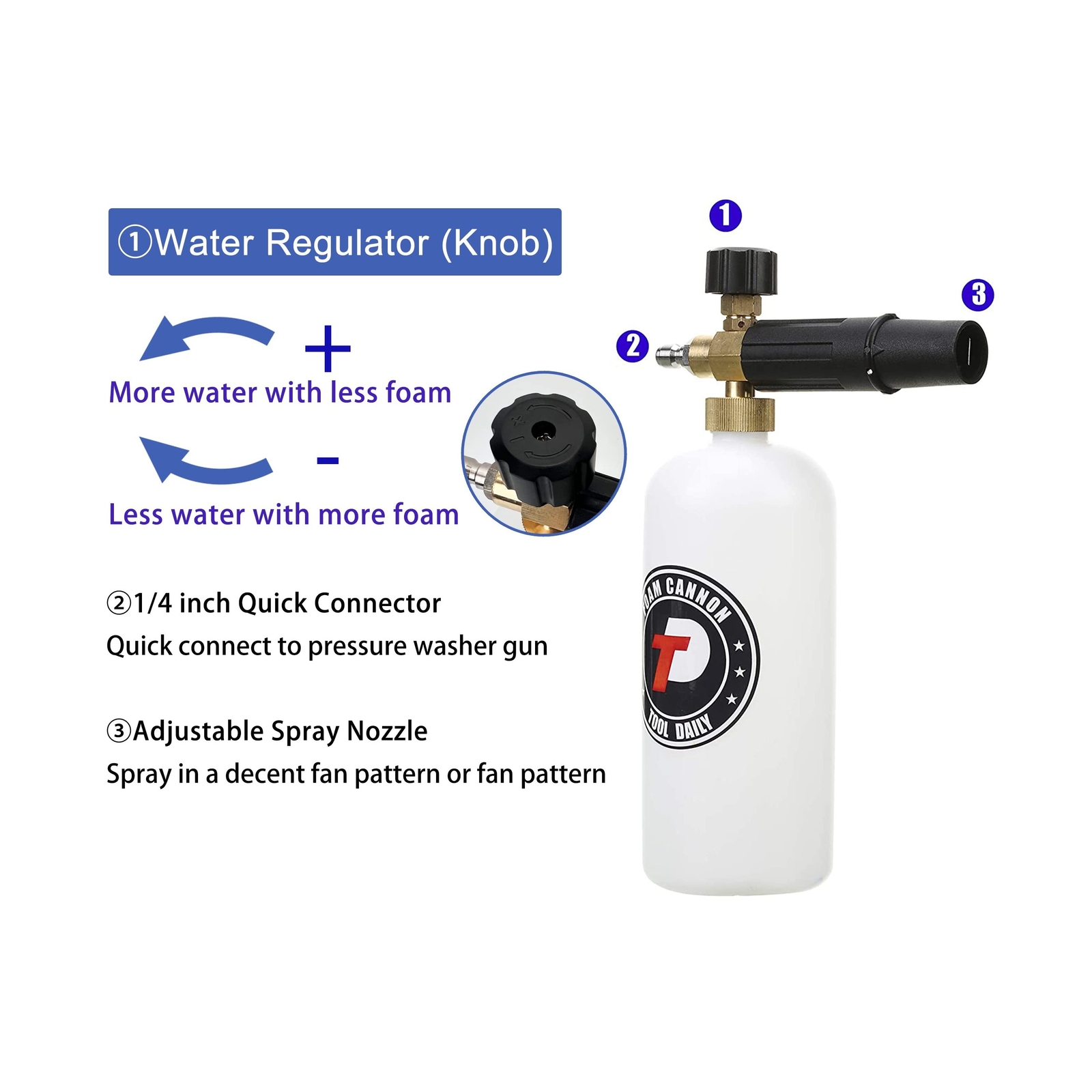 Tool Daily Foam Cannon with 1/4 Inch Quick Connector, 1 Liter, 5 Pressure Was…