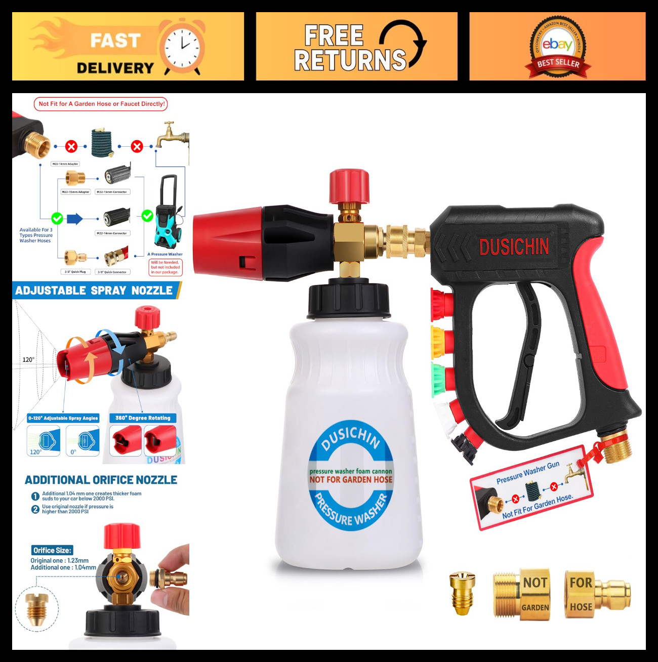 Foam Cannon Pressure Washer Gun with 5 Nozzle Tips & Quick Connectors for Car Wa