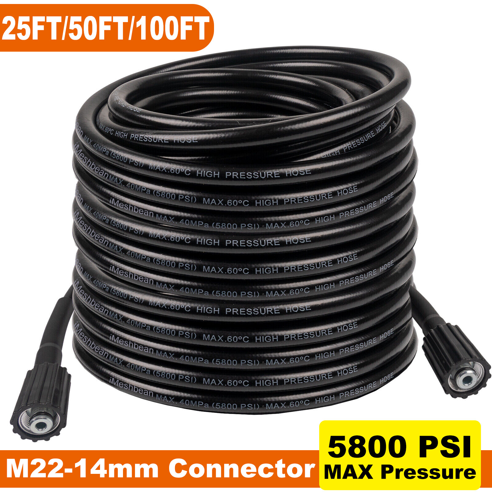 100/50/25FT 5800psi High Pressure Power Washer Hose Extension Washer M22-14mm