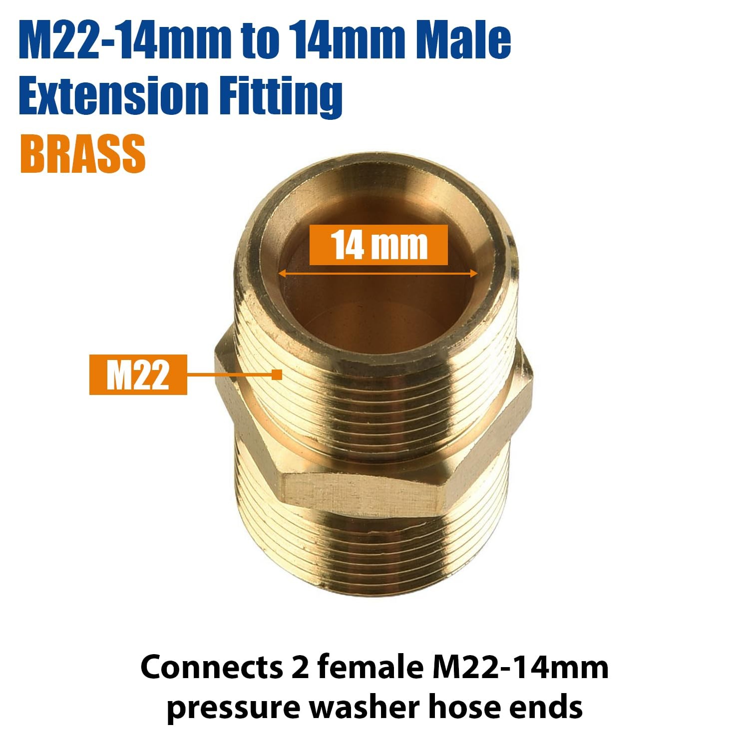 Pressure Washer Hose Coupler, M22-14mm Male to M22-14mm Male Solid Brass Exte…