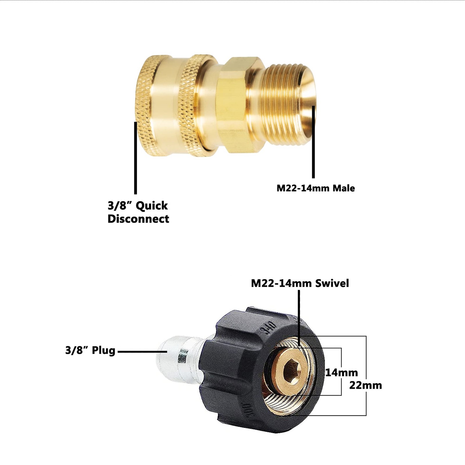 4 PCS Pressure Washer Quick Connect Kit Metric M22 14mm To 3/8 Inch 5000 PSI