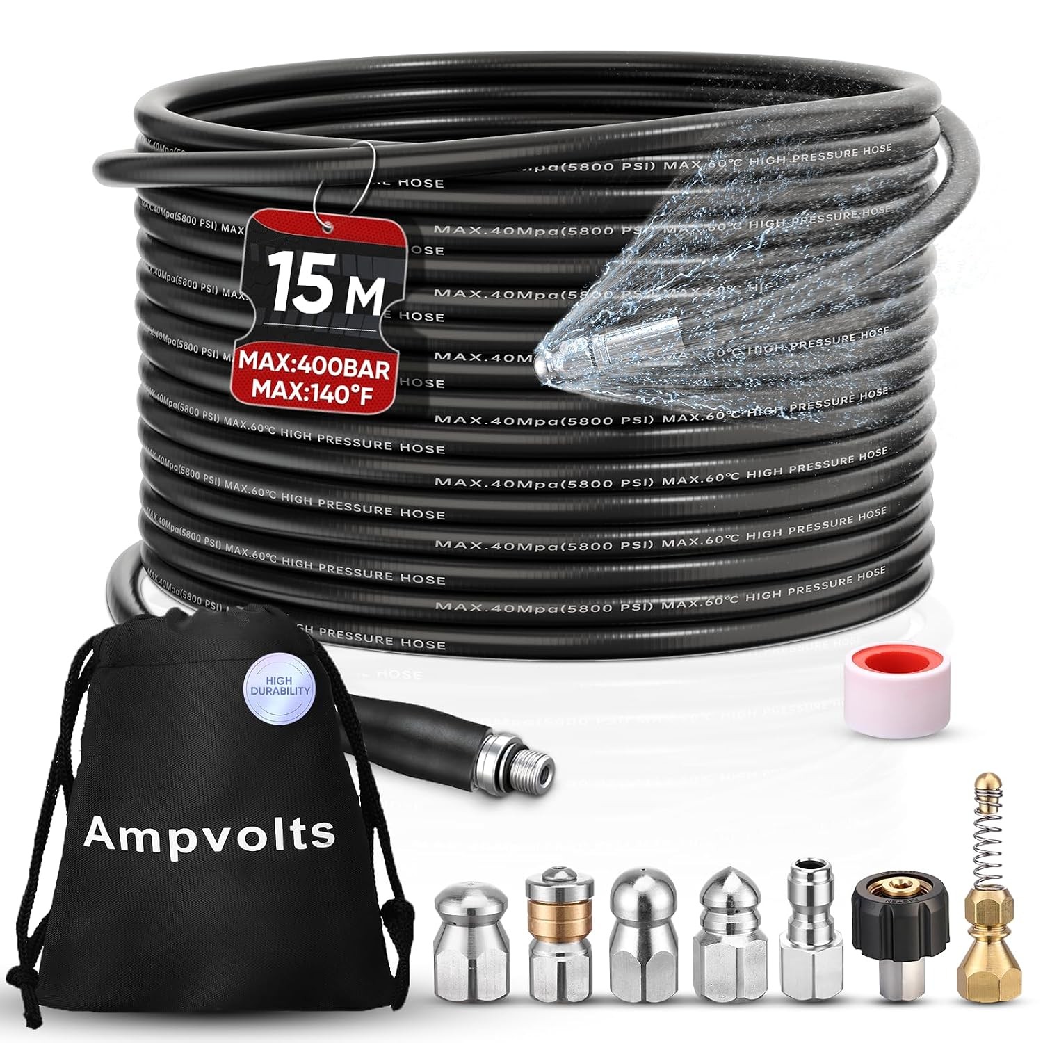 50FT Sewer Jetter Kit for Pressure Washer, 5800 PSI Drain Cleaning Hose with 5 J