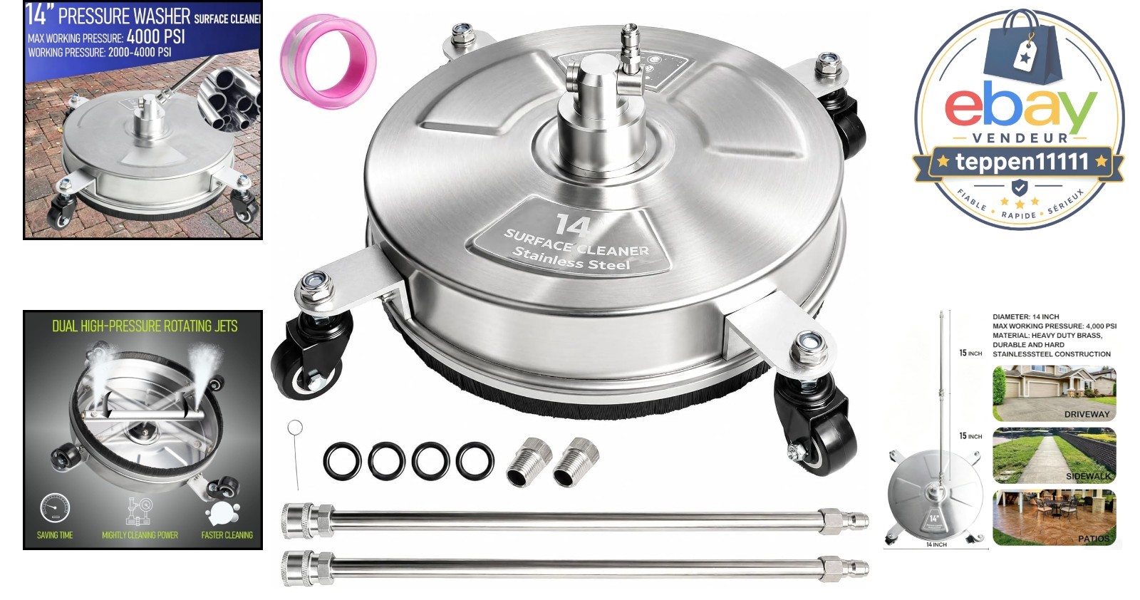 14″ Surface Cleaner, Stainless Steel, 4000 PSI, 4 Wheels, 1/4″ Connector