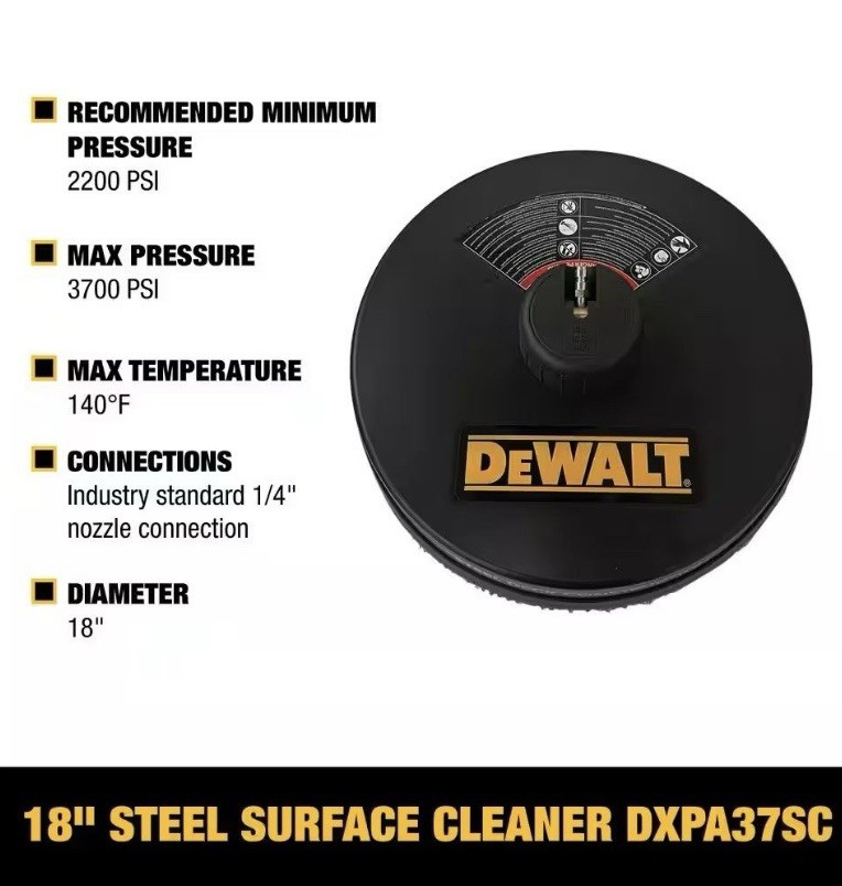 DEWALT 18″ 3700 PSI Surface Cleaner, Black Steel Deck DXPA37SC