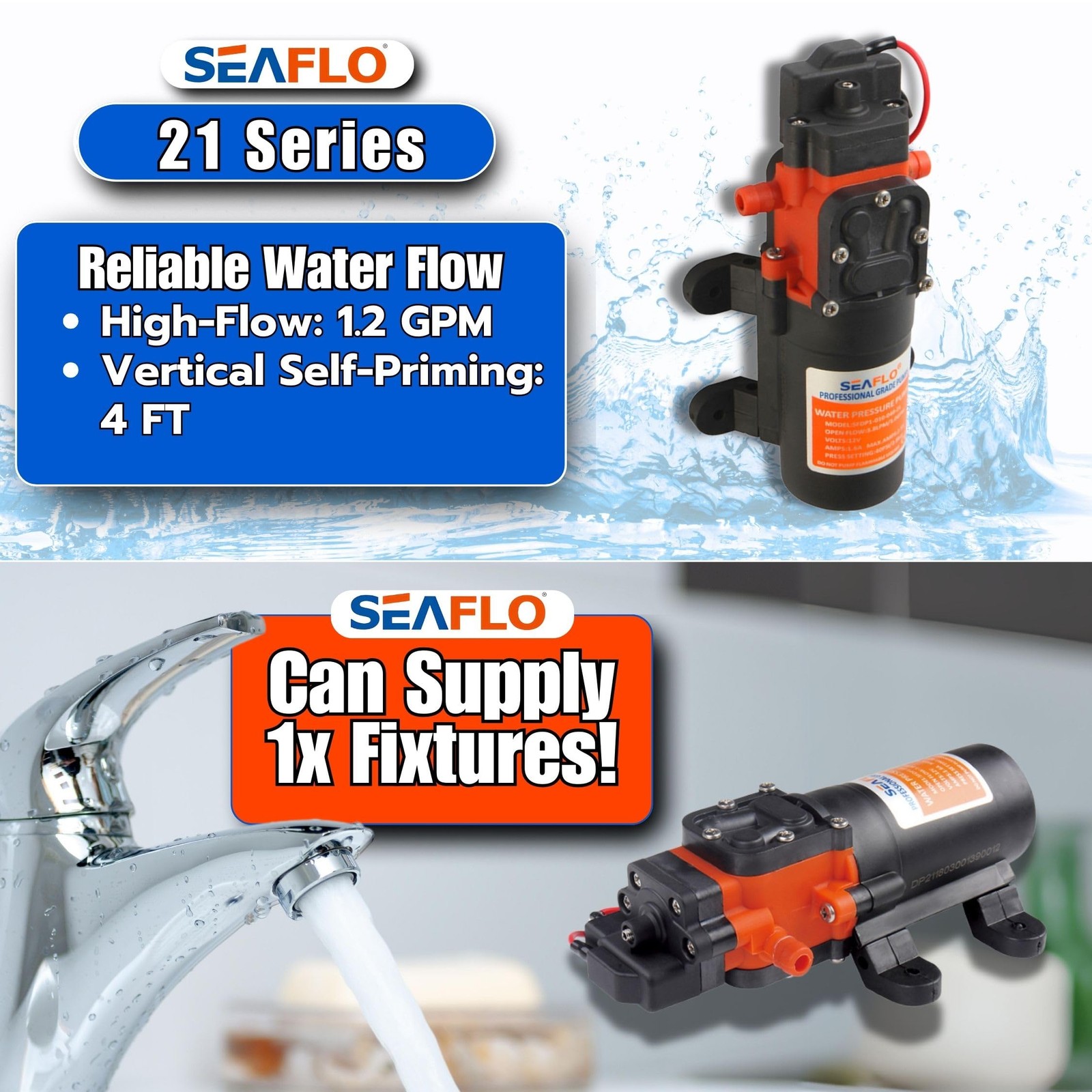 12V Diaphragm Water Pump 1.2 GPM 35 PSI Self Priming Quiet RV Boat