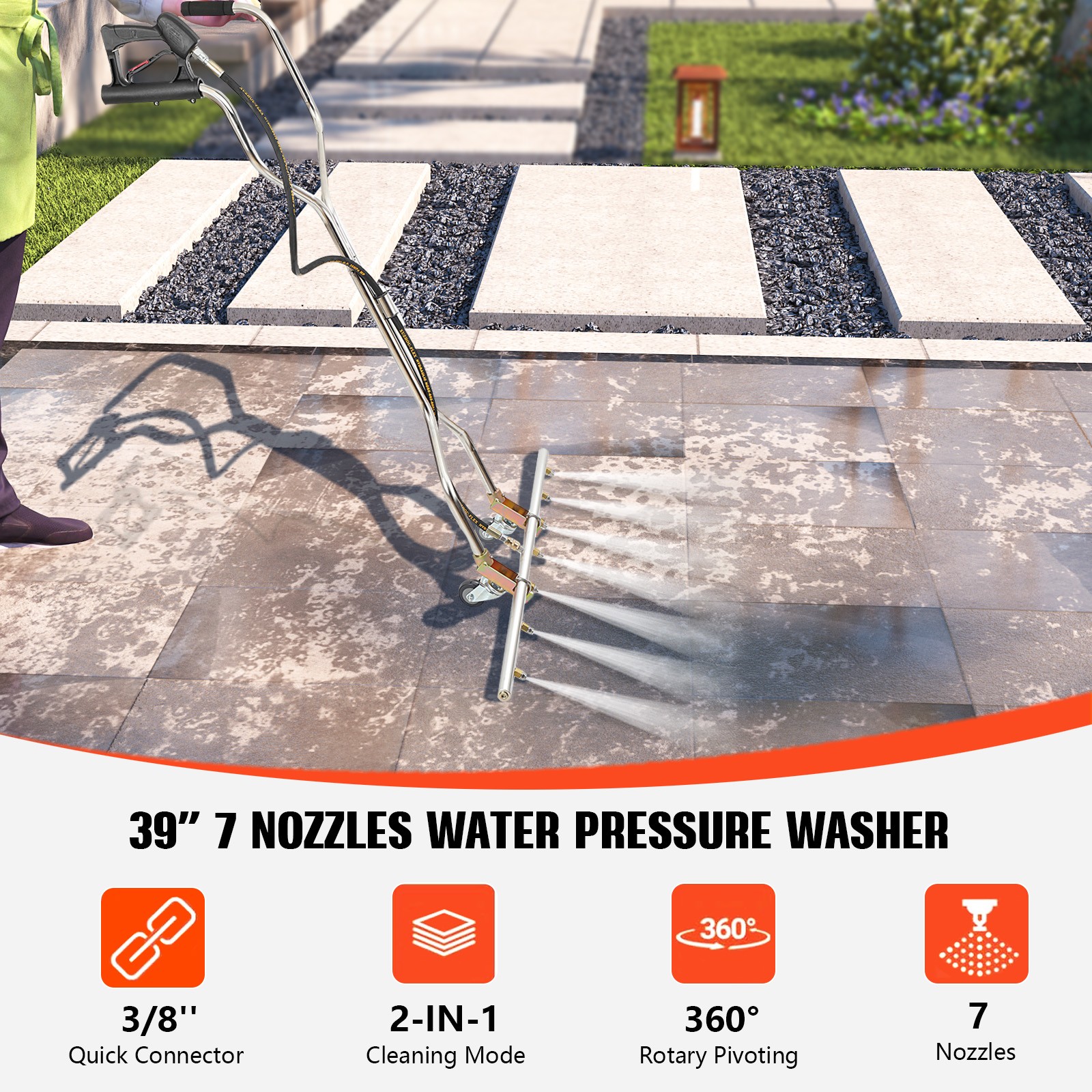 Water Broom 39 inch Surface Cleaner Water Broom 7 Nozzles for Hot and Cold Water