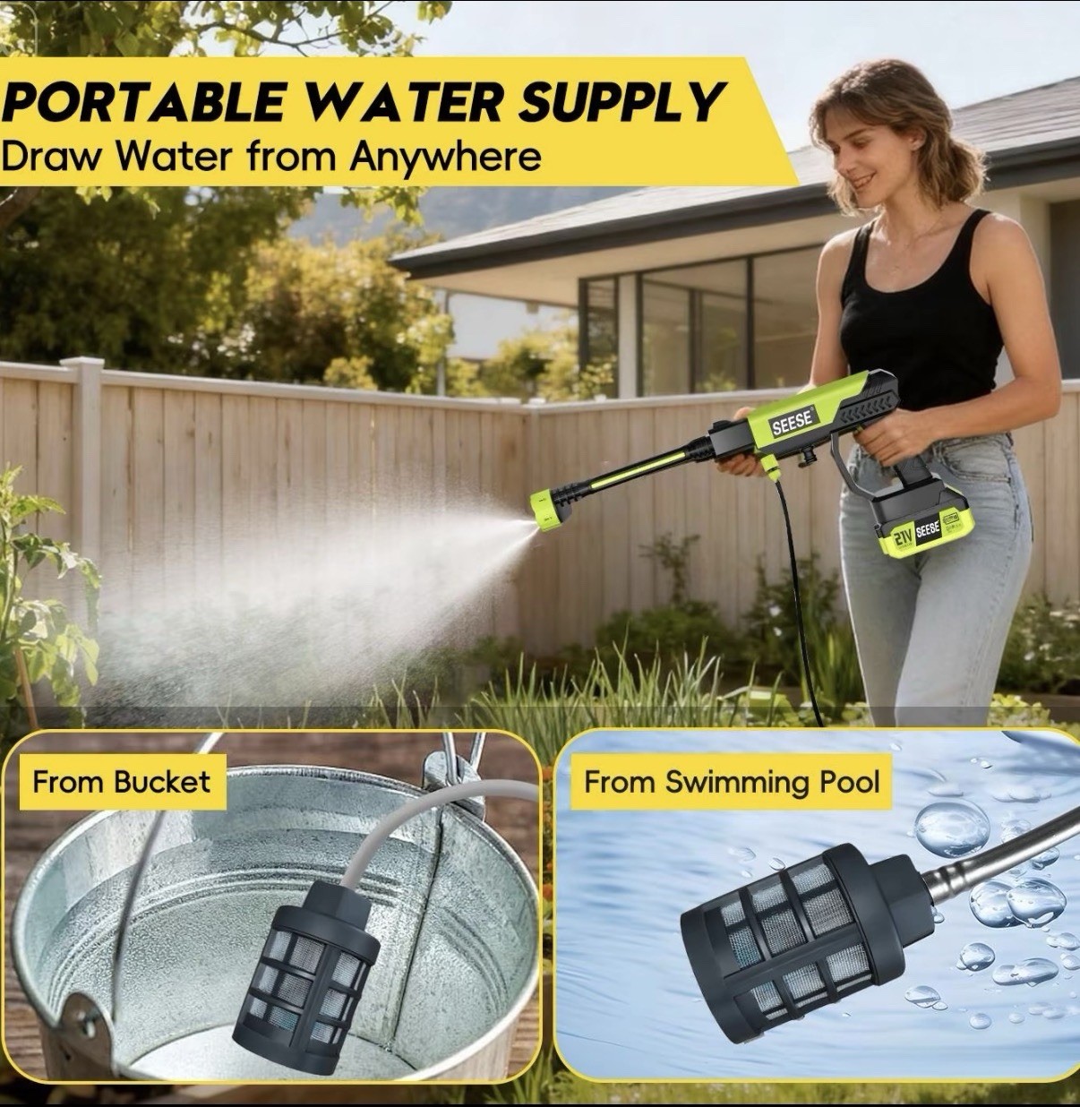 SEESE 1000 PSI Cordless Pressure Washer for Car & Garden with Charger Base