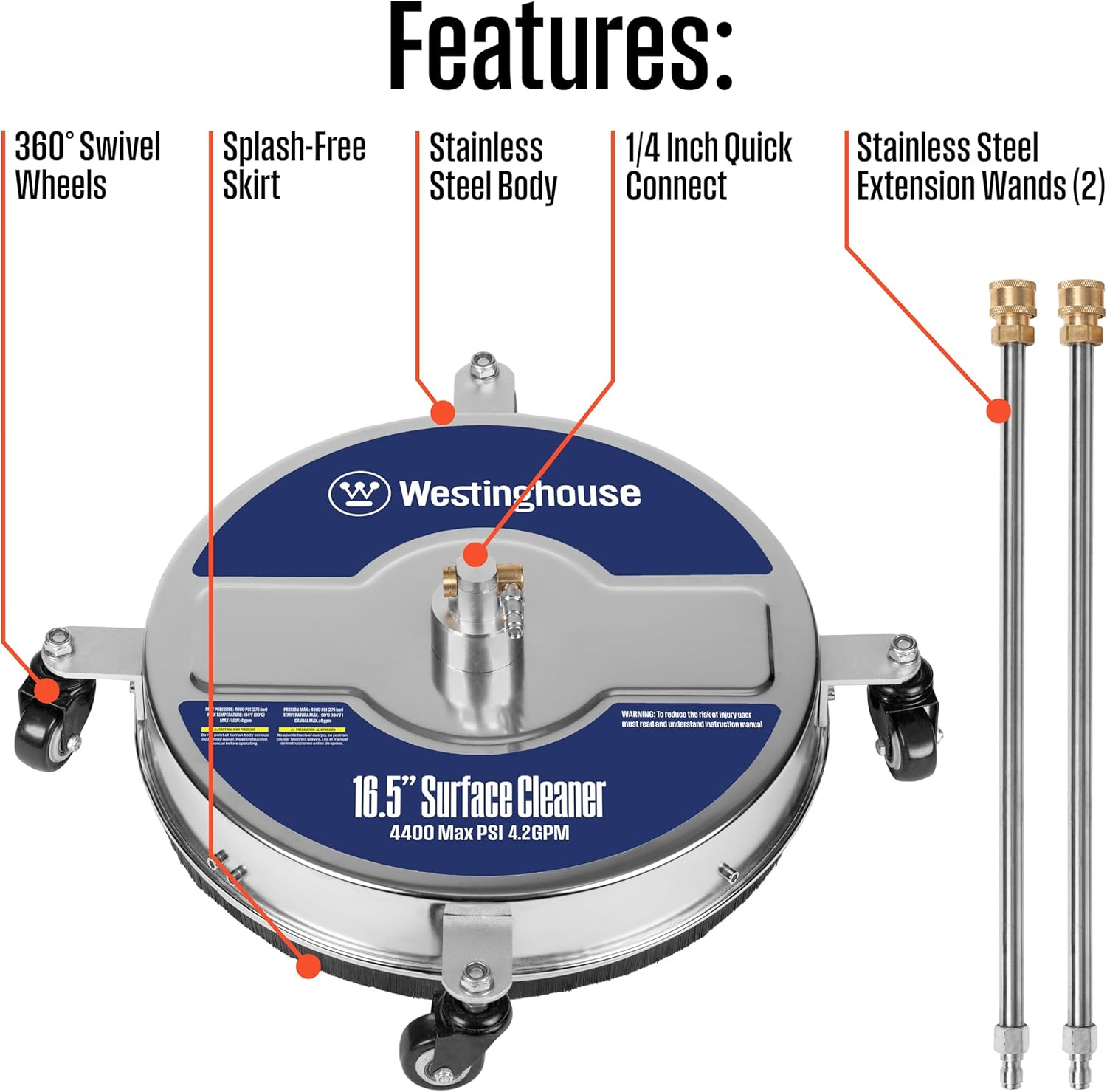 Universal 16.5” Pressure Washer Surface Cleaner Attachment – Stainless Steel – 4