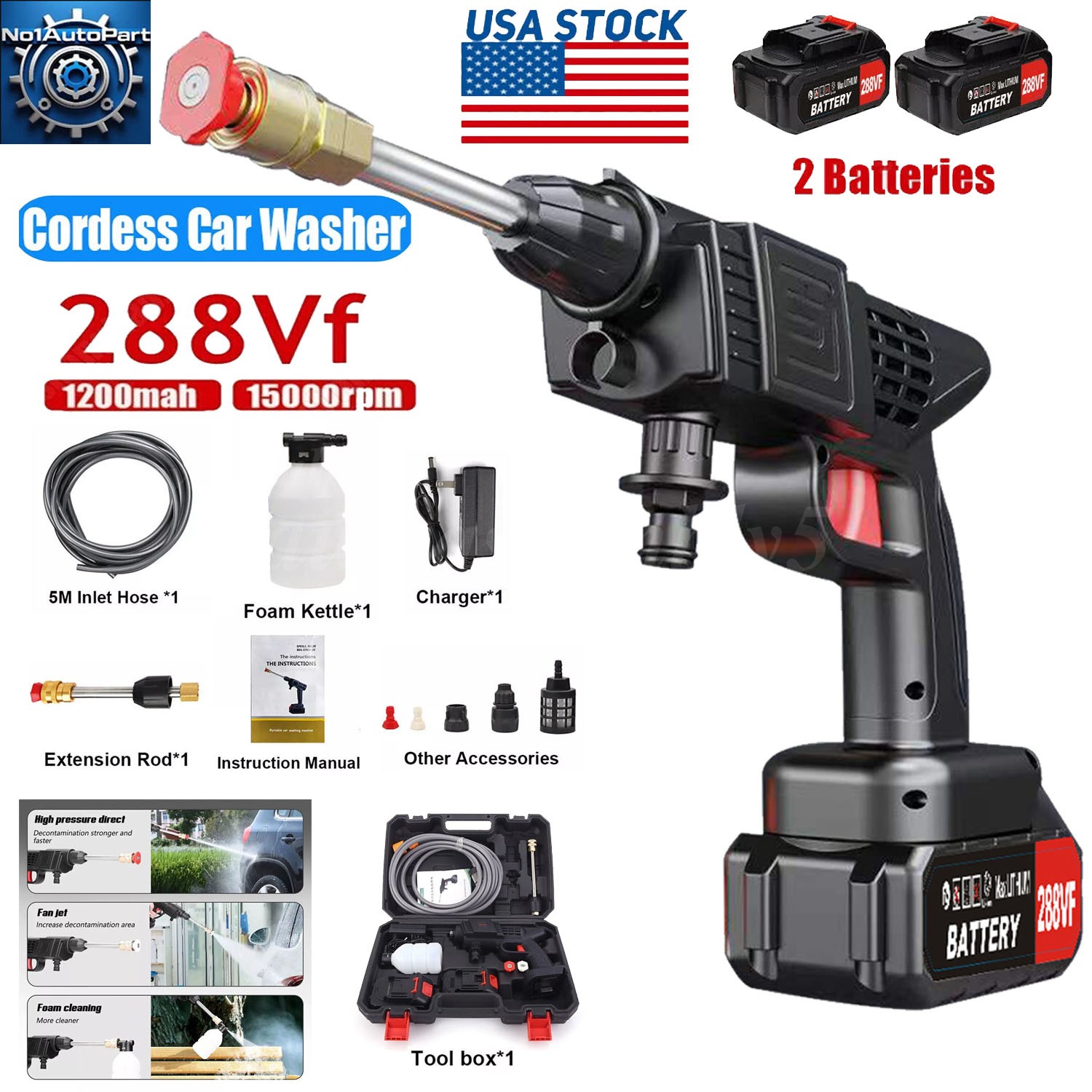 Cordless Pressure Washer 970PSI Portable Power Washer w/ 6-in-1 Nozzle for House