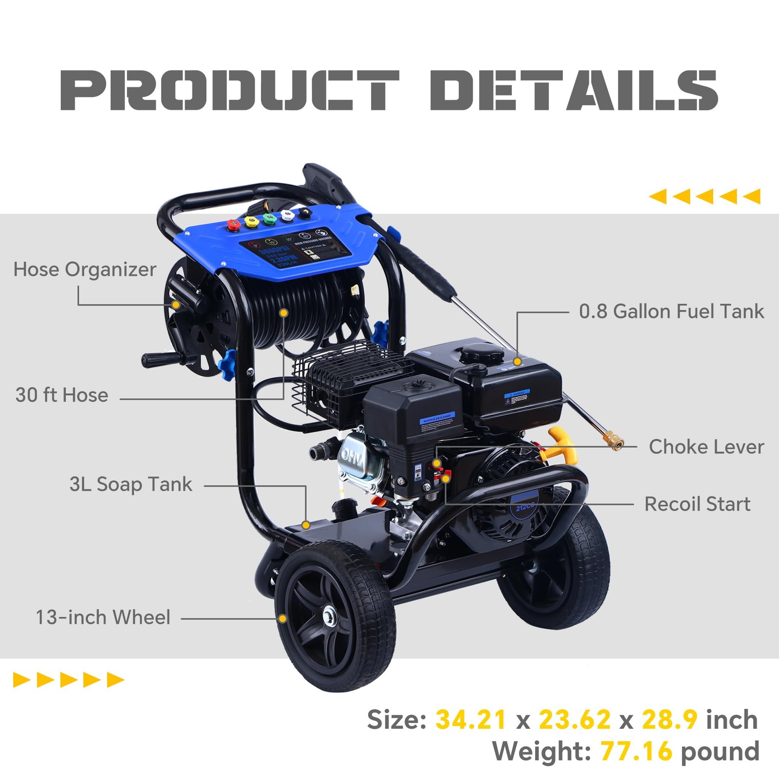 Gas Pressure Washer Gas Power Washer 3600PSI 2.3GPM 212cc 5 Nozzles + Hose Reel